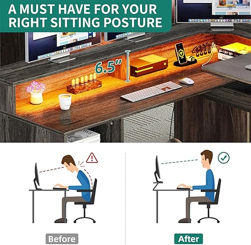 Miniatura 6 de Escritorio moderno en forma de L, color gris, para juegos, computadora, esquina, cajones de archivos, estantes de escritura, estantes de escritura,