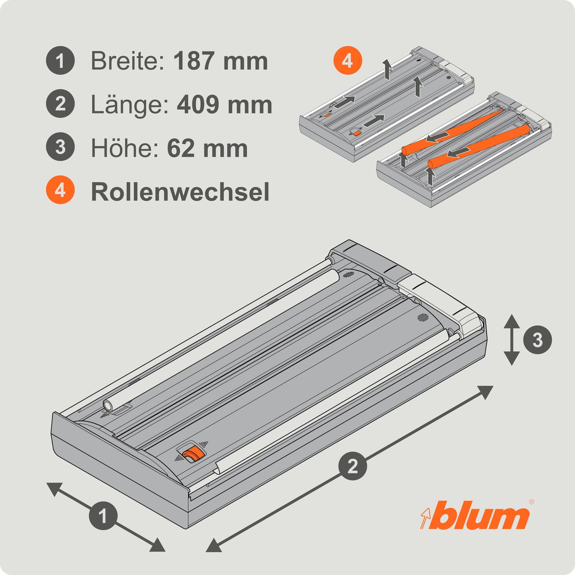 Blum AMBIA-LINE Folienschneider | 2-in-1 Cutter für Frischhalte- & Alufolie bis Ø 46 mm | faltenfreies Abrollen & sauberes Schneiden | Küchenhelfer mit modernem, platzsparendem Design | Oriongrau