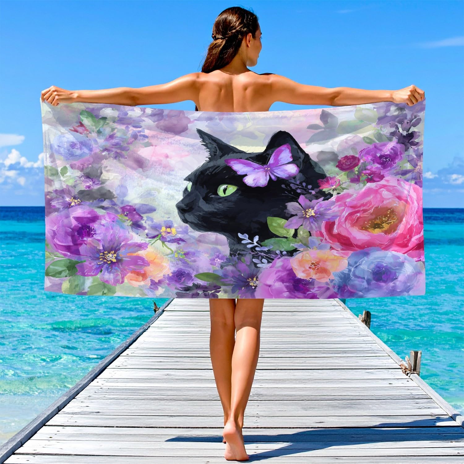 Serviette de Plage Microfibre 200 x 100 CM,Drap de Plage Élégant, Onirique, Aquarelle, Couverture de Plage Absorbante,Couverture de Bain Chat Noir, Papillon, Fleurs