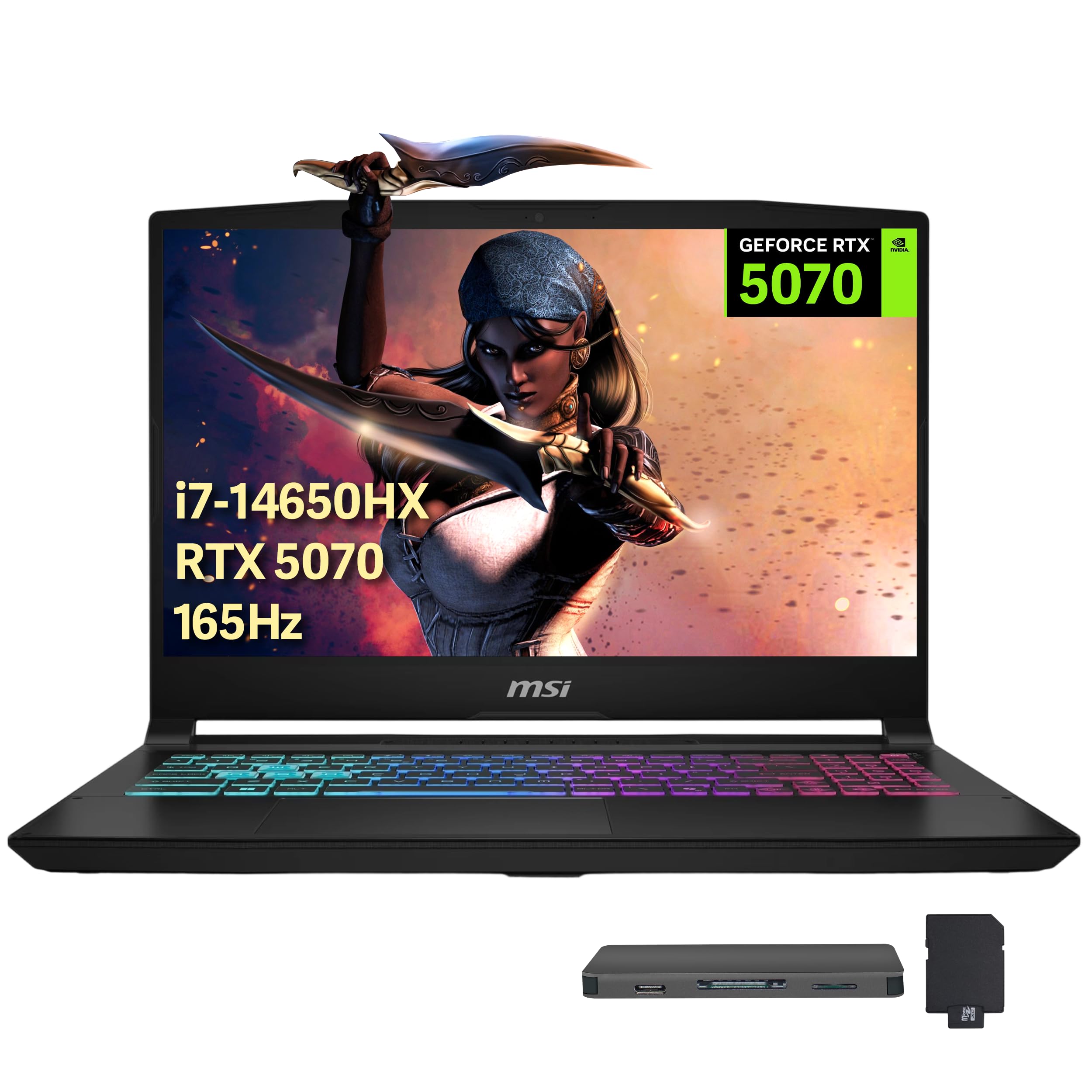 MSI Katana - Computer portatile da gioco QHD IPS 165 Hz, Intel i7-14650HX, GeForce RTX 5070 8 GB GDDR7, 32 GB DDR5, SSD 2 TB, tastiera RGB, Cooler Boost 5, WiFi 6E, Win 11 Pro, nero, set docking