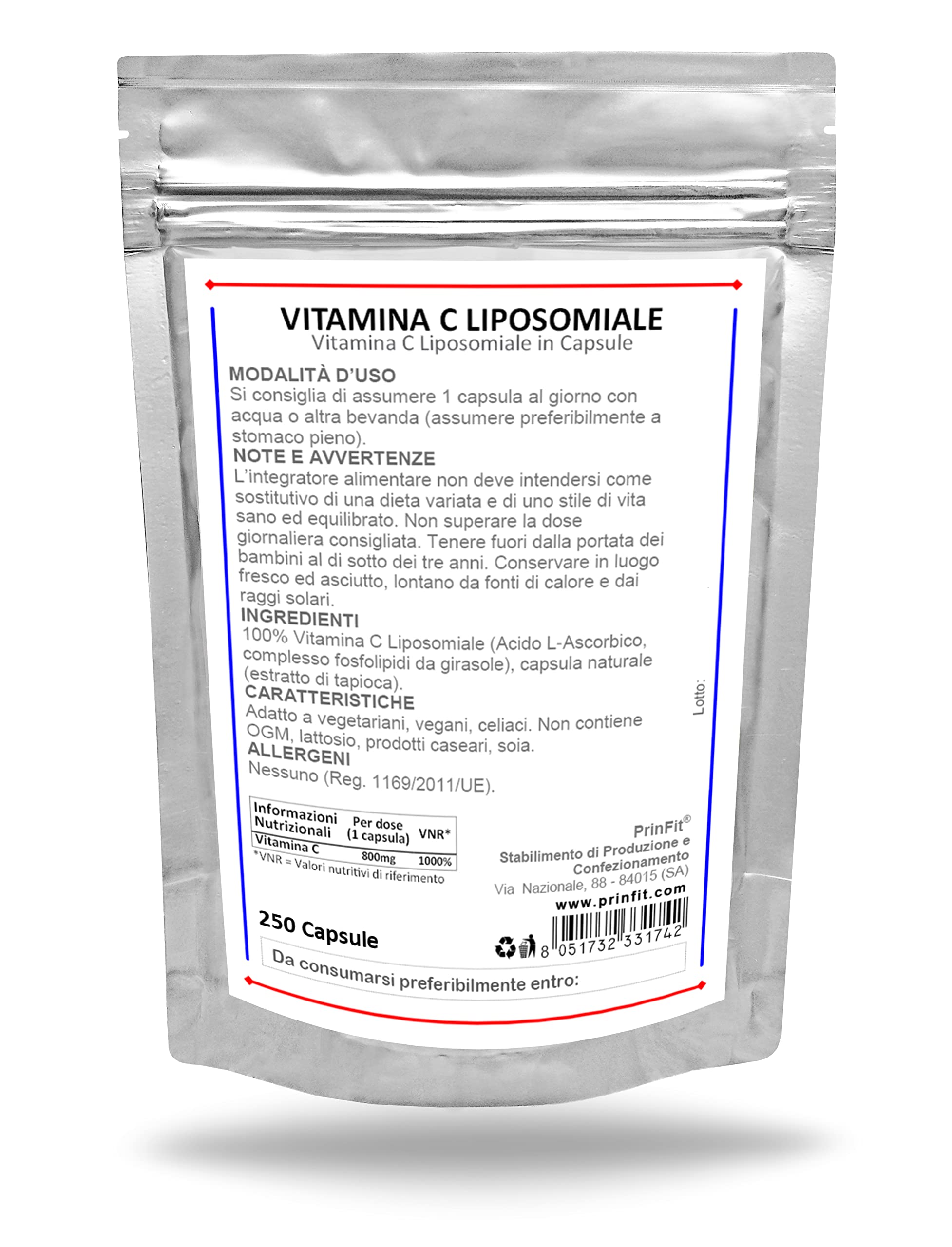 PrinFit® - 250 Capsule Naturali di Vitamina C Liposomiale - Alto Dosaggio ed Elevato Assorbimento - Antiossidante Acido L-Ascorbico Integratore Alimentare