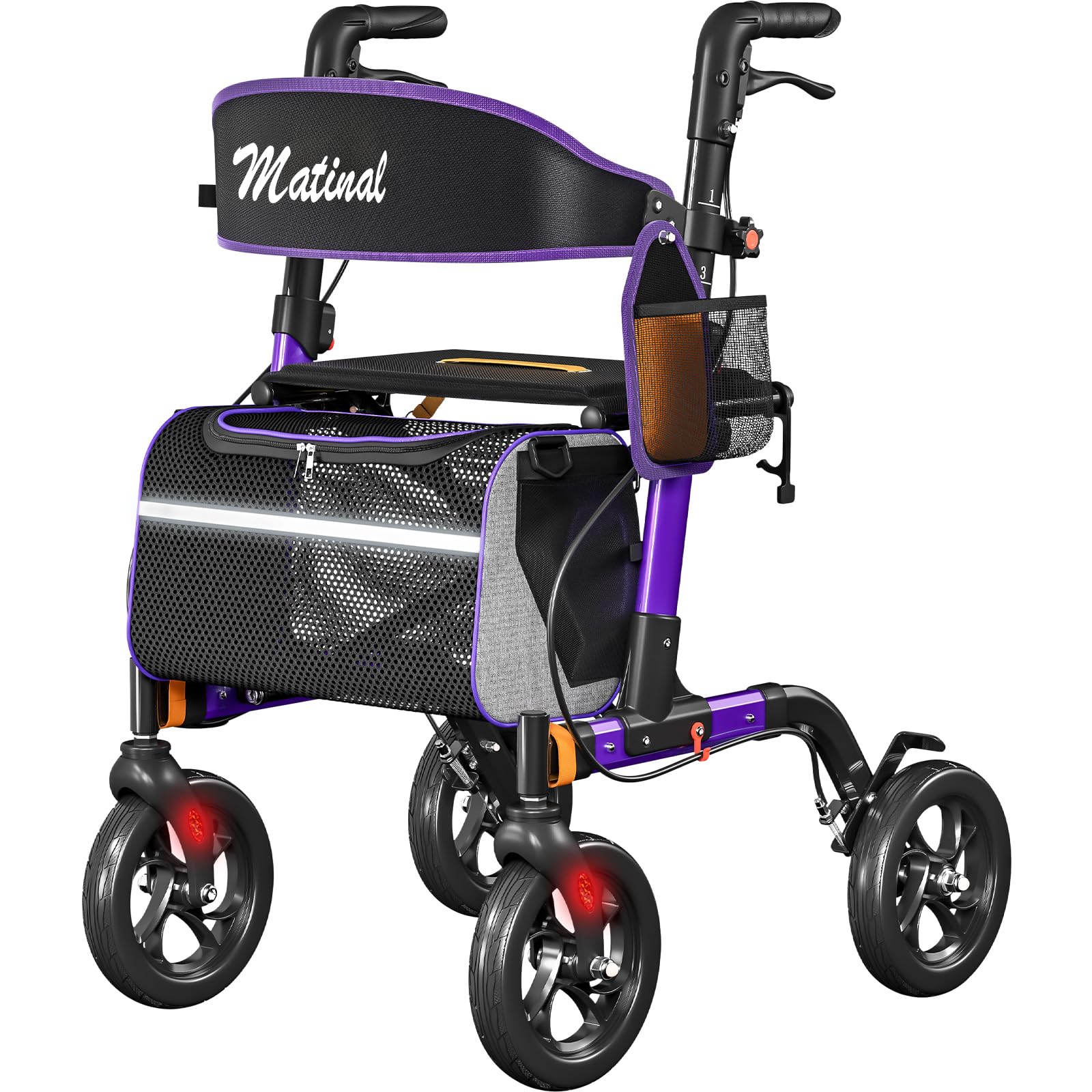 Andadores para personas mayores, andador con asiento, capacidad de carga de 159 kg, asiento grande (46 cm), ruedas de 20 cm, 6 niveles de ajuste de altura, andador con marco de aluminio ligero para