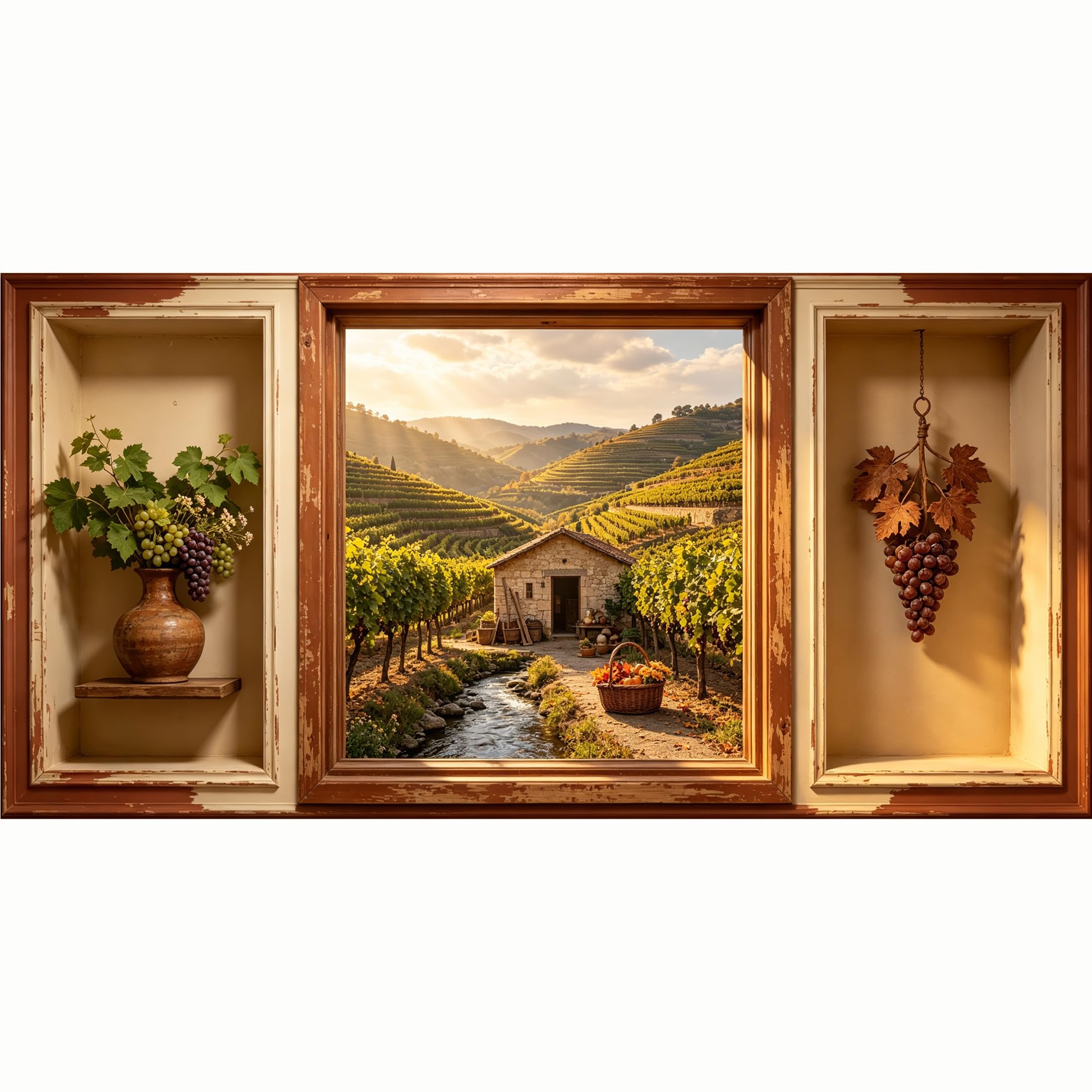 QZLITHOTIC 50x100cm 3D Framed Wall Art， Tuscan Vineyard Landscape Farmhouse Style Self‑Adhesive Mural， Water‑Activated Peel & Stick Fabric Decor Wall Decal for Bedroom Living Room