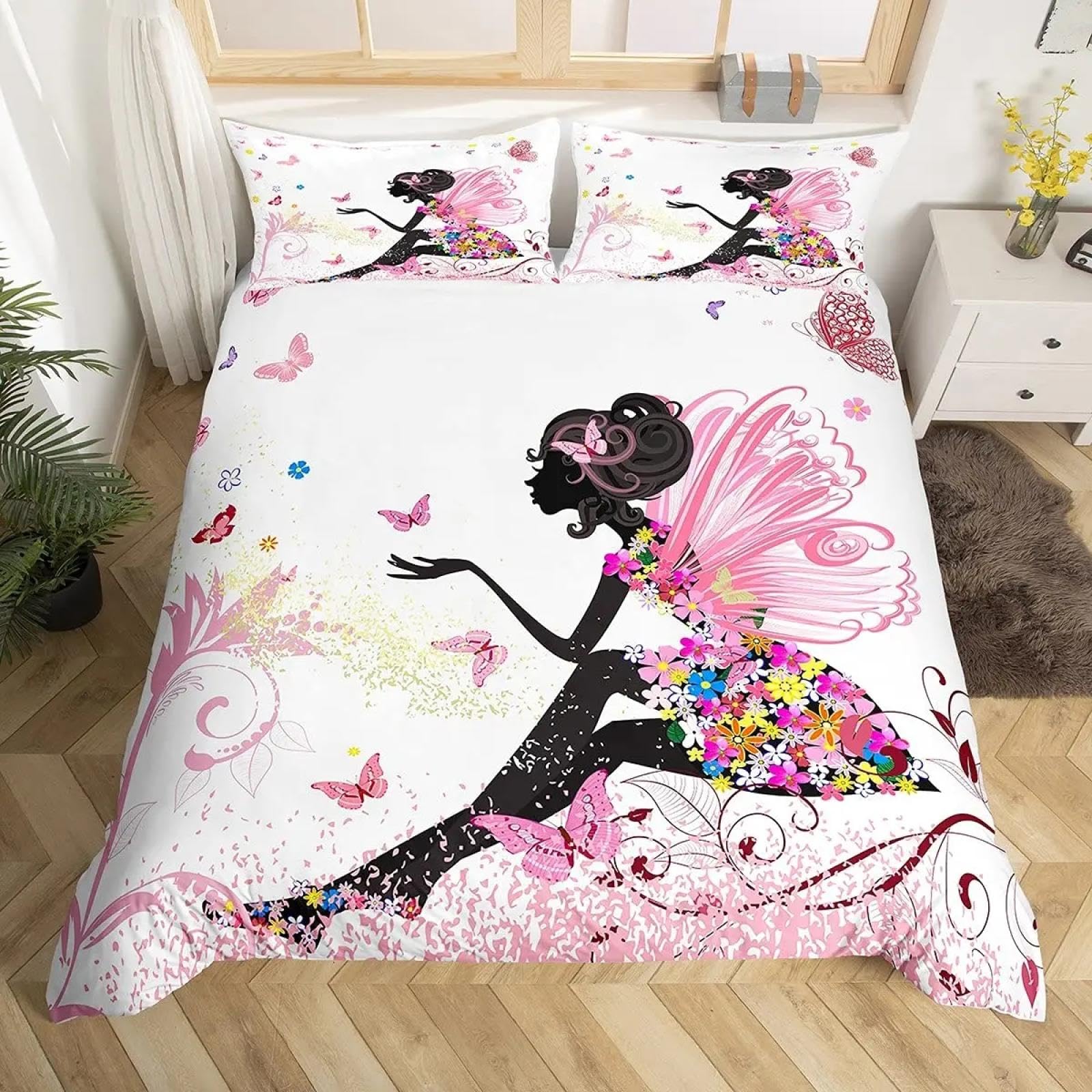 Housse de couette fille féerique pour s'endormir dans un monde de papillons volants roses