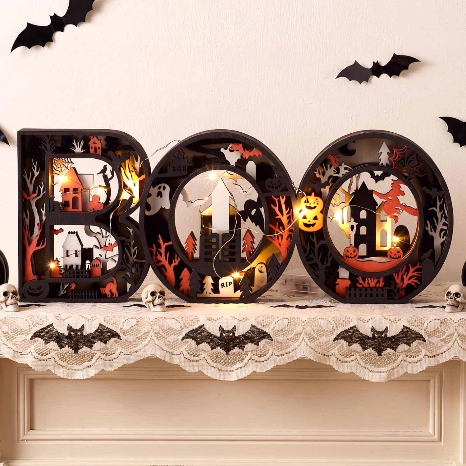Bucherry Halloween Wooden Boo Letters with LED Light 3D Carved Sign with Warm String Light Haunted House Tabletop Decoration Sign for Home Kitchen Fireplace Halloween Party Decor