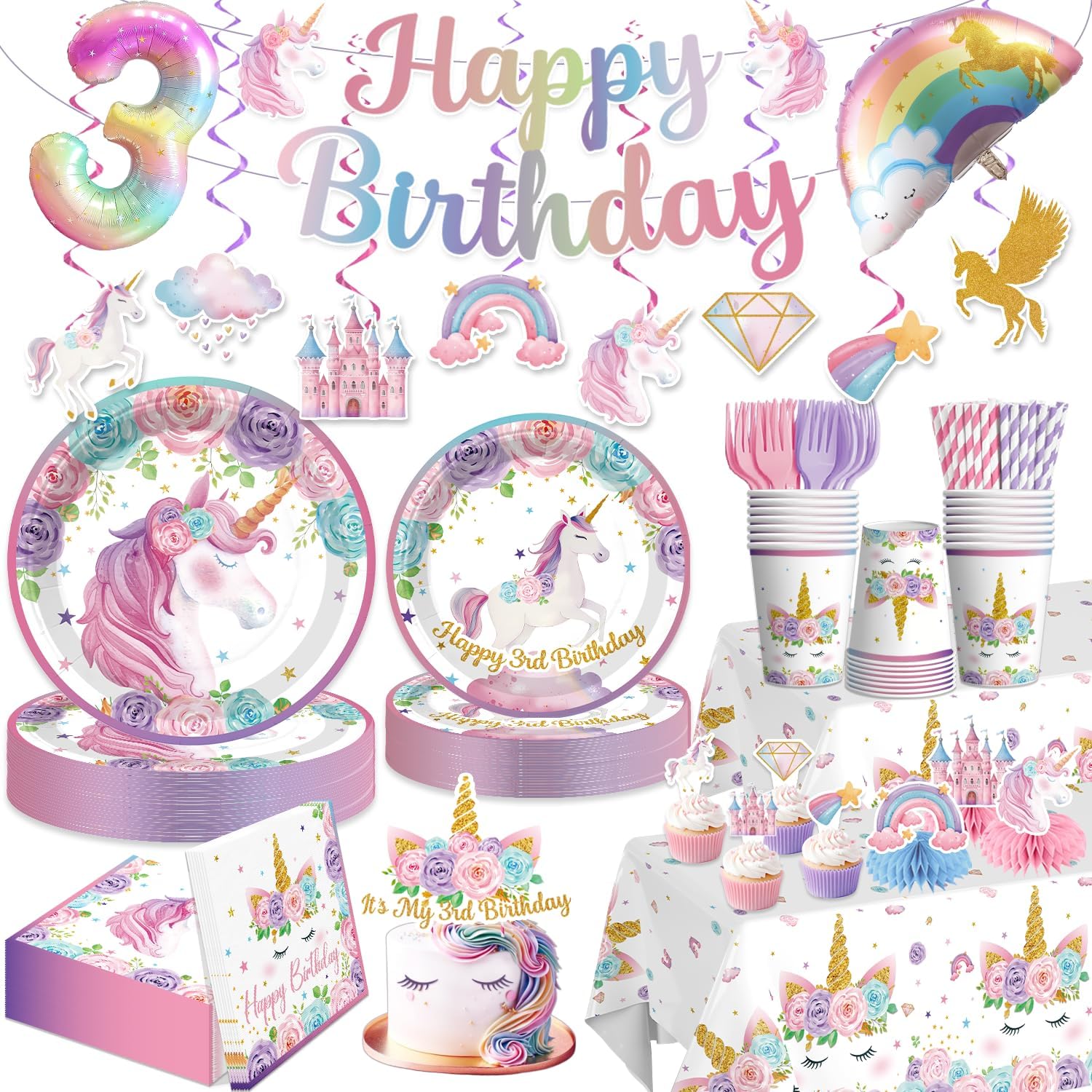 201Pcs Unicorn 3rd Birthday Decorations Serves 25 Guests, 3rd Birthday Decorations Includes Banner, Plates, Hanging Swirls, Tablecloth, Cake Toppers, Cupcake Toppers for 3 Year Old Girl