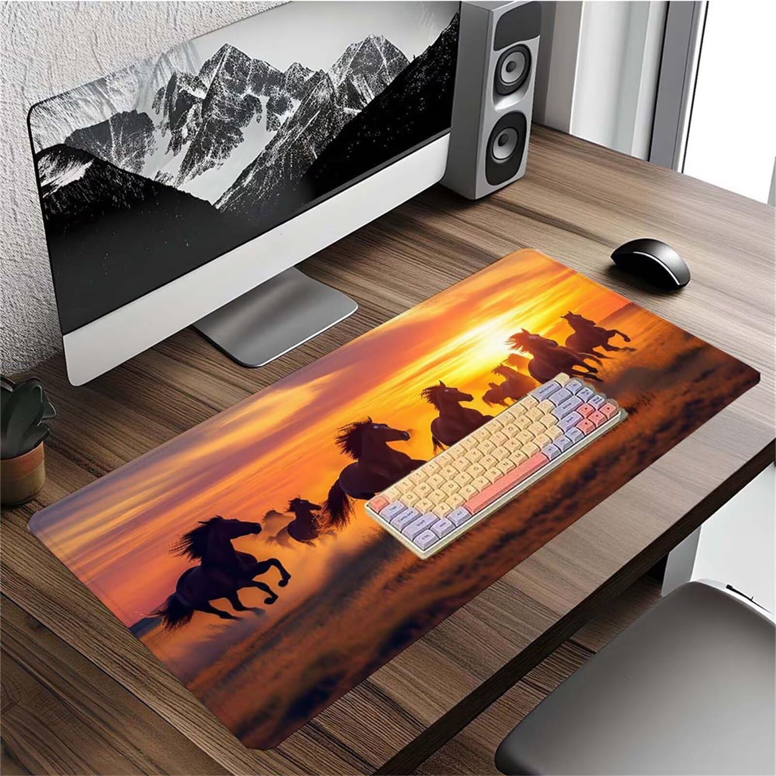 Alfombrilla Ratón Atardecer Caballo Alfombrilla Ratón XXL 1400x600x3mm Mouse Pad Resiste Salpicaduras, Extendida de Gran Tamaño con Bordes Cosidos, Mejora la Precisión y la Velocidad, Duradera y-325