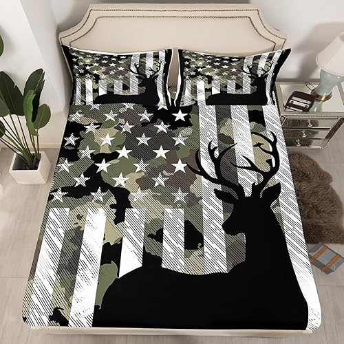 Erosebridal Sábanas de cama de ciervos de caza, sábana bajera ajustable de bandera estadounidense, tamaño individual, juego de ropa de cama de