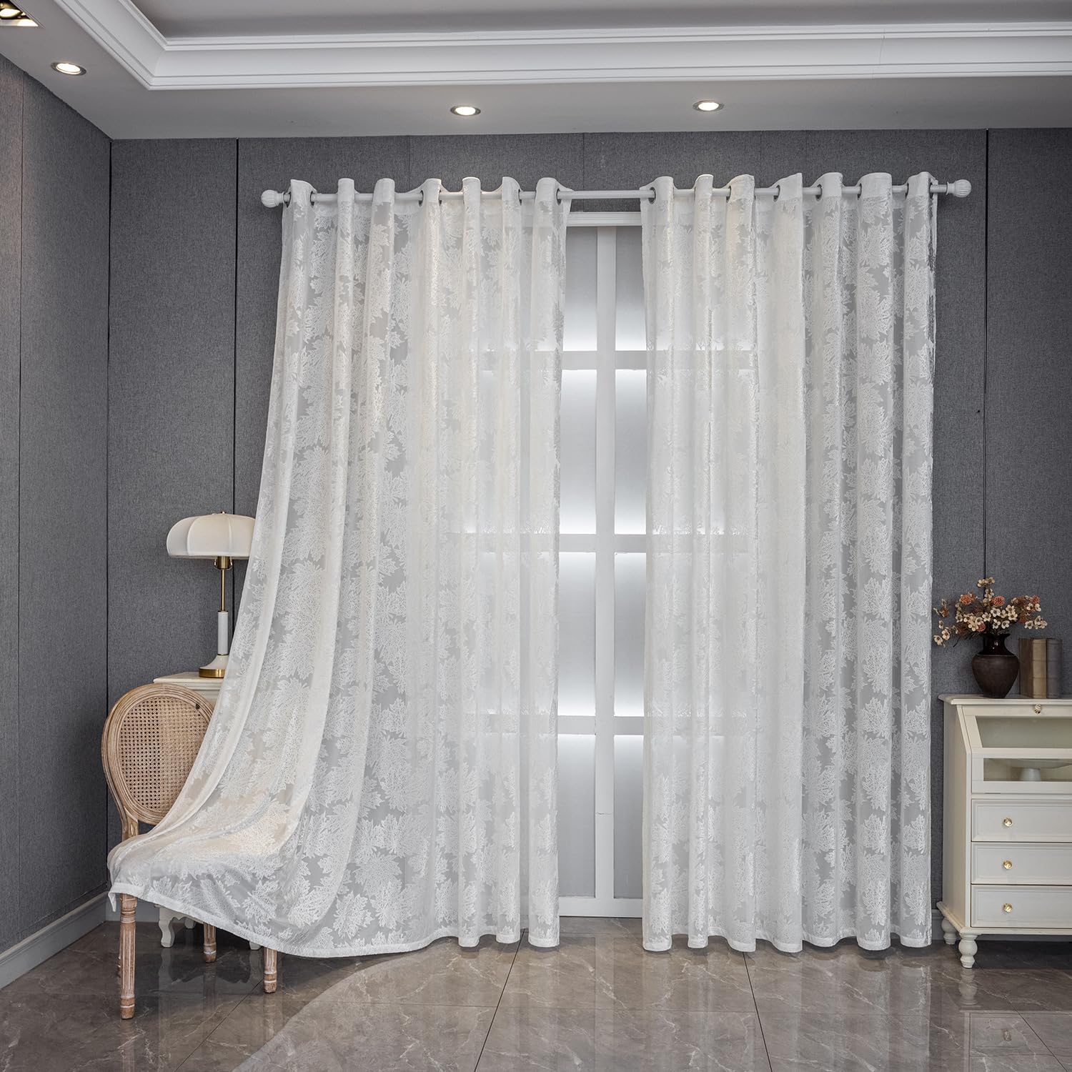 Weiß Gardinen Wohnzimmer Modern Ahornblätter Muster Halbtransparent Ösen