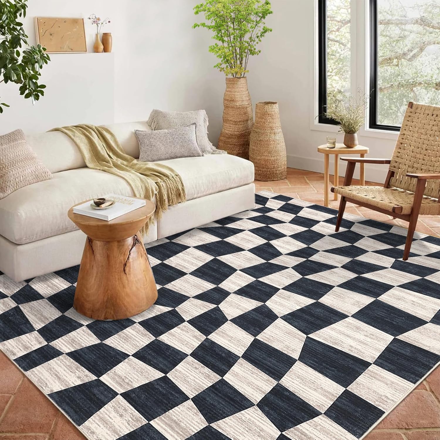 Modern Checkered Area Rug 8x10 Rug for Living Room Washable Rugs for Bedroom Decor Large Area Rug Non Slip Throw Rugs Soft Rugs Low Pile Stain Resistant Carpet for Dining Room 8'x10' Brown