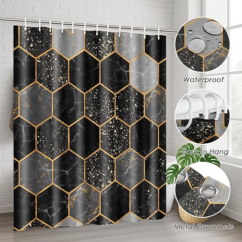 Miniatura 6 de Juego de cortinas de ducha con tapa de inodoro y alfombras antideslizantes para baño, juego de 4 cortinas de ducha hexagonales de mármol negro y