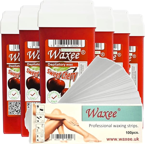 6x 100ml roll-on wax roller wax cartridge refill + 100 waxing strips from UK brand Waxee! (Pink) - 4