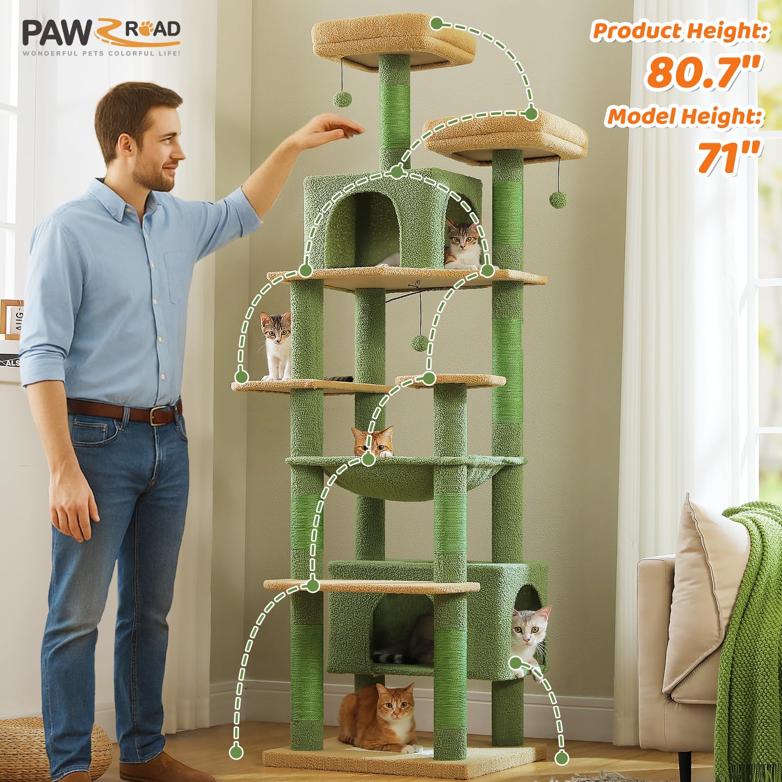 PAWZ Road Drapak dla dużych kotów, stabilny, 205 cm, drapak dla dużych kotów, z hamakiem, 7 słupków sizalowych, duży drążek do siedzenia, jaskinia, kosze, wysokie drzewko do drapania dla kotów