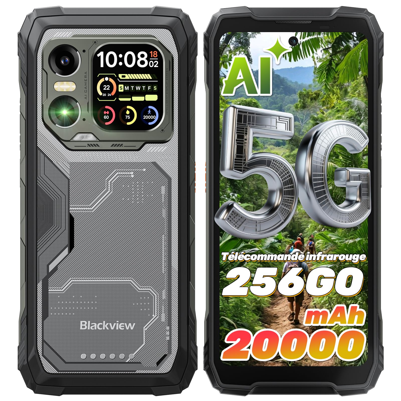 Blackview XPLORE 1 WT Téléphone Incassable 5G, 20000mAh Téléphone Portable Incassable, 36GB+256GB, 6,78" FHD+ & 2,01" 120Hz Android 15, IP69K, 64MP+50MP+20MP, NFC/OTG/GPS/AI