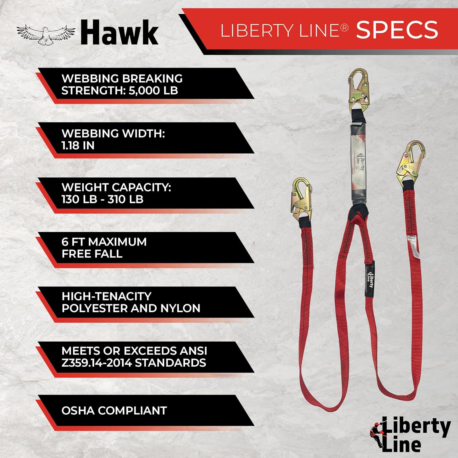 Liberty Line Hawk 6 Foot Twin Leg 100 Percent tie-Off - Clear Pack Design Shock Absorbing Lanyard with snap Hooks (ANSI)