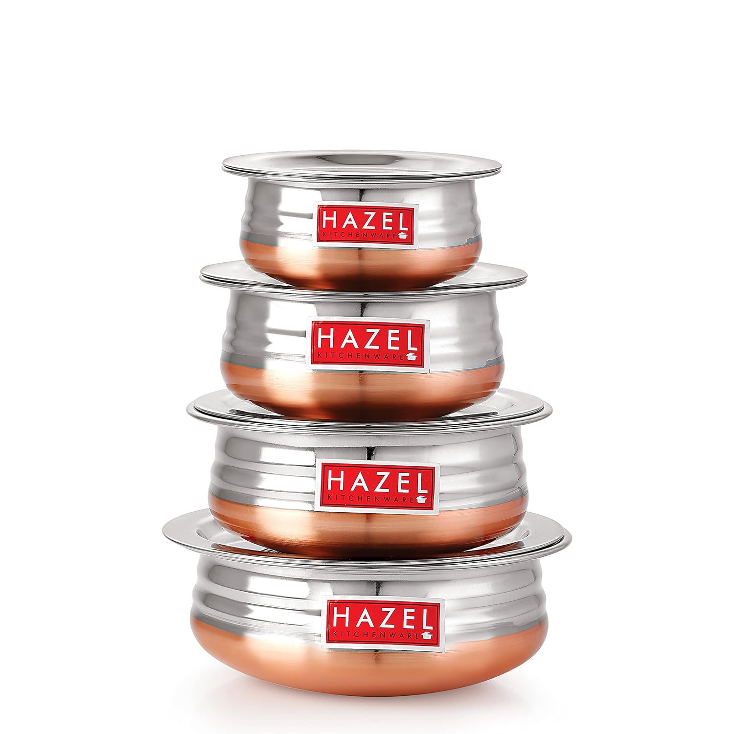 HAZEL Copper Bottom Urli Handi Set with Lid Cover| Stainless Steel Cookware Set | Serving Cooking Tope Bowl for Kitchen | Copper Bottom Vessels for Cooking, 4 Piece HAZEL Copper Bottom Urli Handi Set with Lid Cover| Stainless Steel Cookware Set | Serving Cooking Tope Bowl for Kitchen | Copper Bottom Vessels for Cooking, 4 Piece