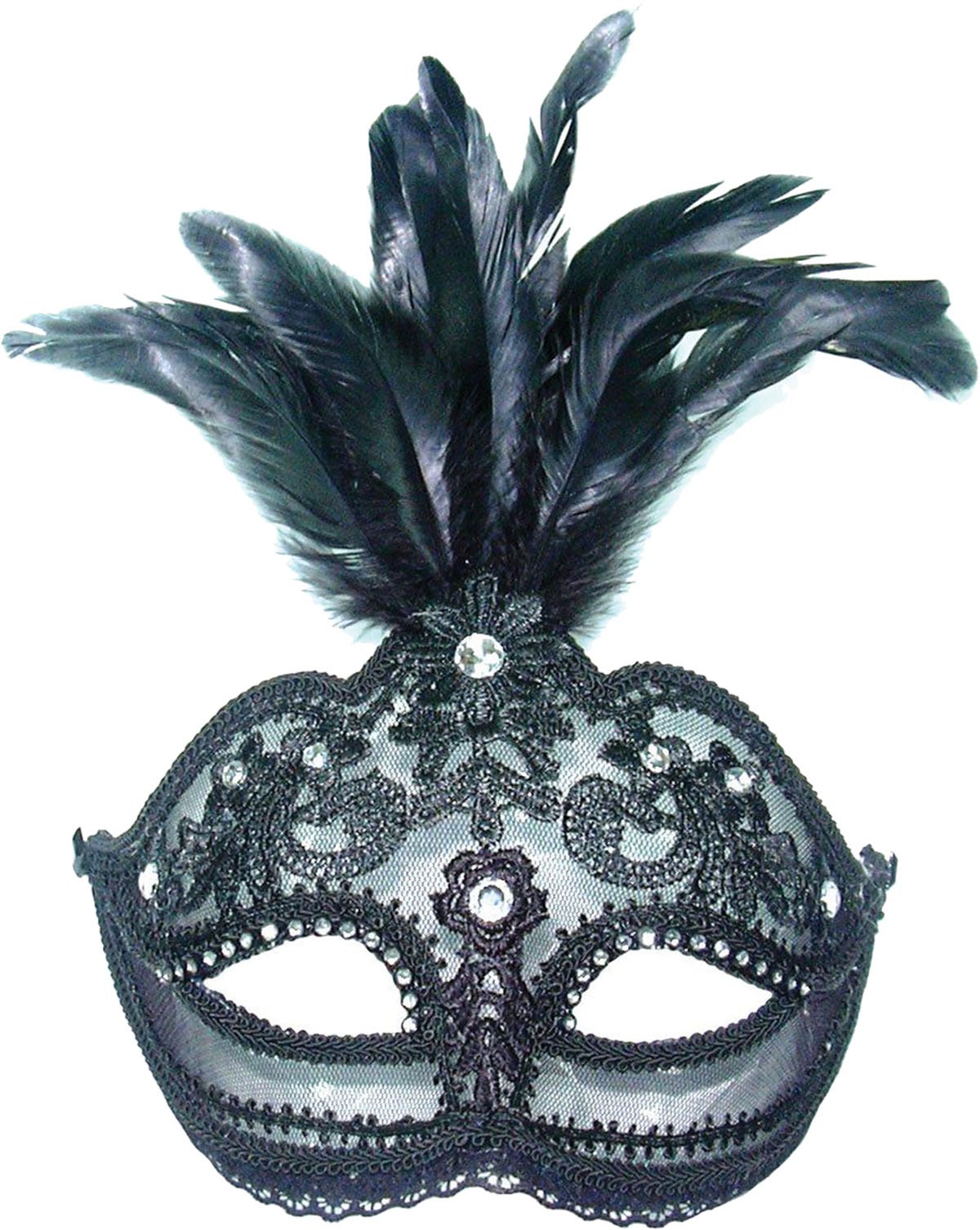 Bristol Novelty Black Lace Mask With Tall Feathers