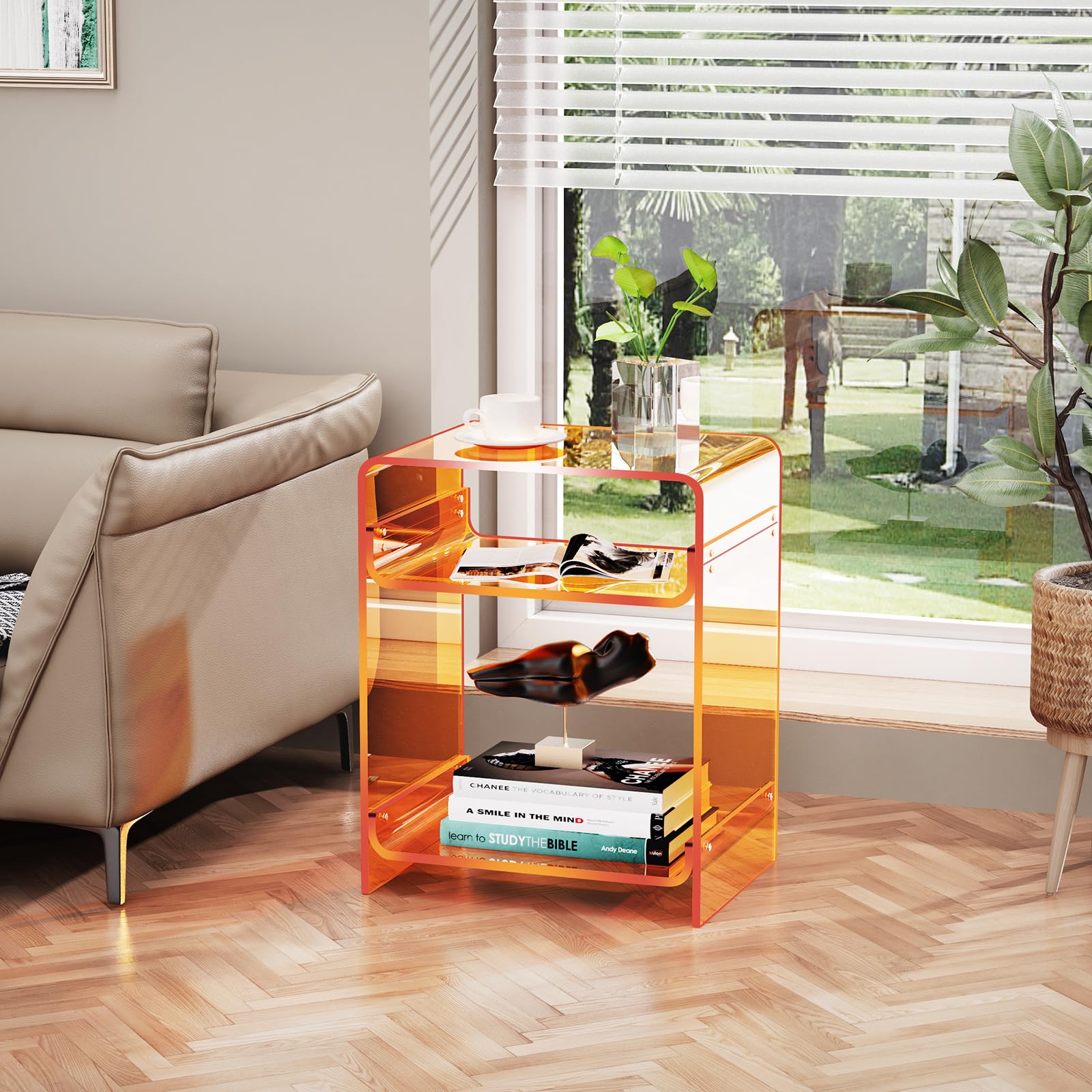 Comodino in Acrilico, Tavolino da Salotto per Soggiorno, Camera da Letto, 45 x 30 x 58 cm (Arancione)