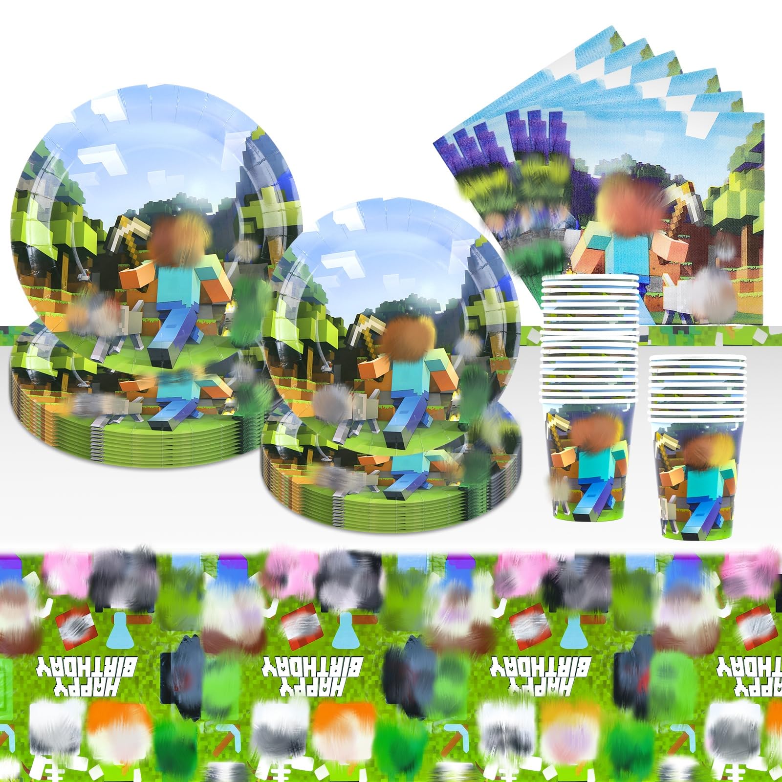 My World Party Set Style B 51PCS Birthday Party Decorations, Cartoon Theme Party Supplies Include Birth day Paper Plates Cups Napkins Tablecloth for Kids Birth day Party Supplies for 10 Guests