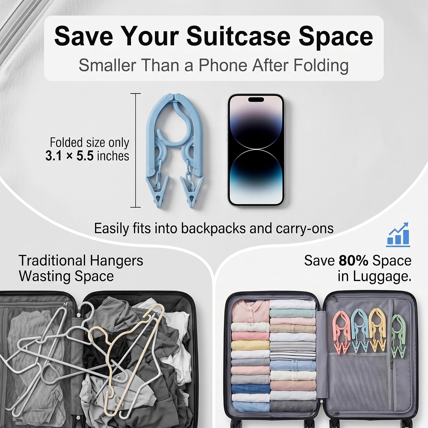 Foldable Travel Hangers with Clips, 12 Pack Portable Collapsible Clothes Hangers, Thickened PP & Rustproof Aluminum Rivets, Space Saving Windproof Hangers for Business Trip Camping Home Laundry Use