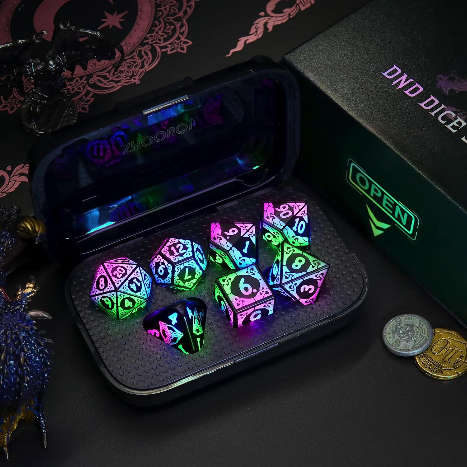 DND Dice LED - Magical Glow Light Up Dice, Rechargeable Polyhedral Dice, Wireless Charging Case & Full 7-Die Set, for D and D RPG Games (Colorful)