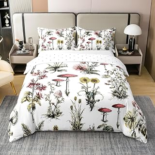 jejeloiu Cute Mushroom Duvet Cover 100% Cotton Full Size Floral Blossom Botanic Bedding Set for Kids Boys Girls Natural Wild Fungus Grass Mushrooms Comforter Cover Bedroom Decor 3Pcs,No Comforter