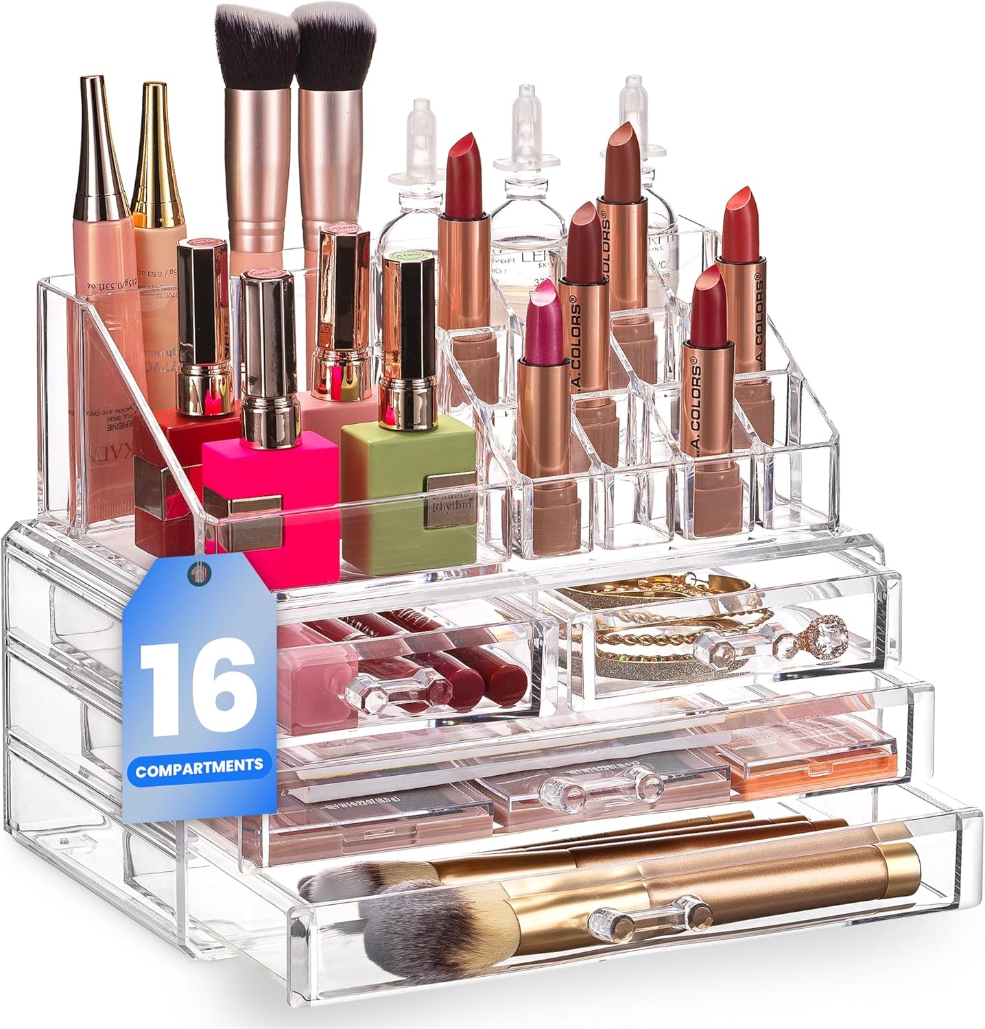 Masirs Clear Makeup Organizer - 16-Compartment Cosmetic and Jewelry Holder with 4 Drawers - Vanity Storage Box for Makeup, Skincare, Accessories, and Jewelry Display