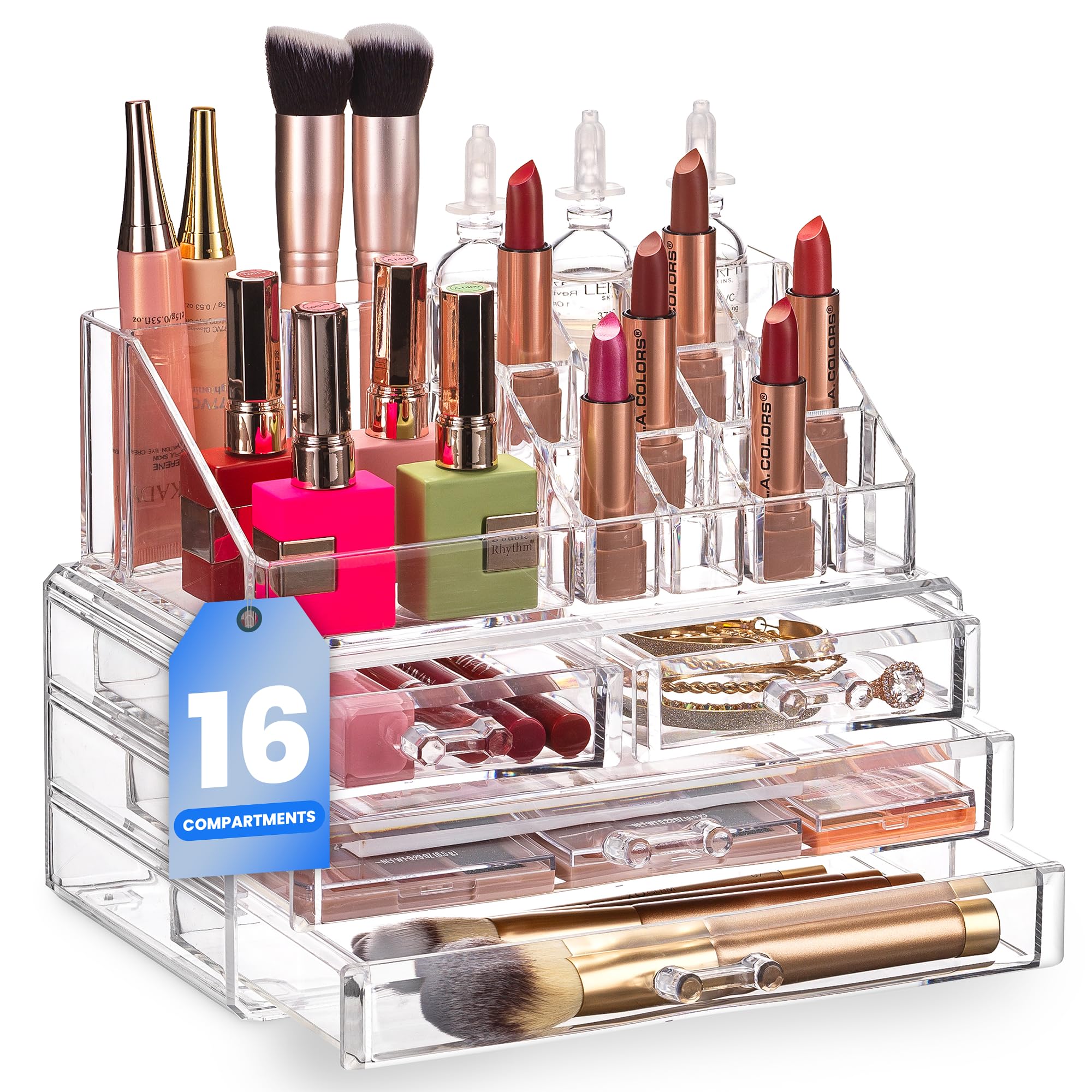 Masirs Clear Makeup Organizer - 16-Compartment Cosmetic and Jewelry Holder with 4 Drawers - Vanity Storage Box for Makeup, Skincare, Accessories, and Jewelry Display