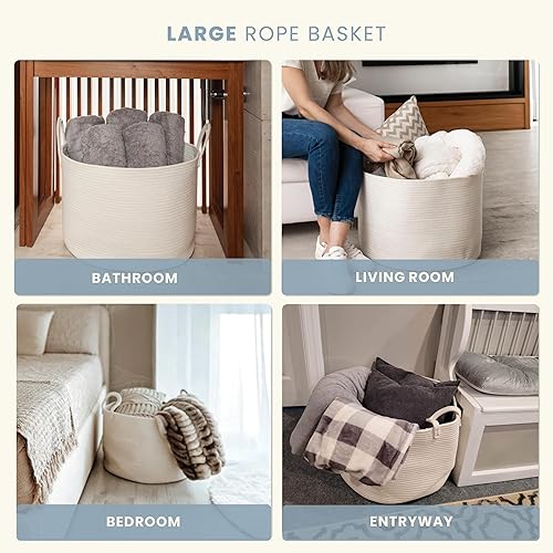 Miniatura 105 de OrganiHaus - Canasta tejida extragrande de cuerda suave de algodón para mantas de sala de estar, para almacenamiento, lavandería, guardería