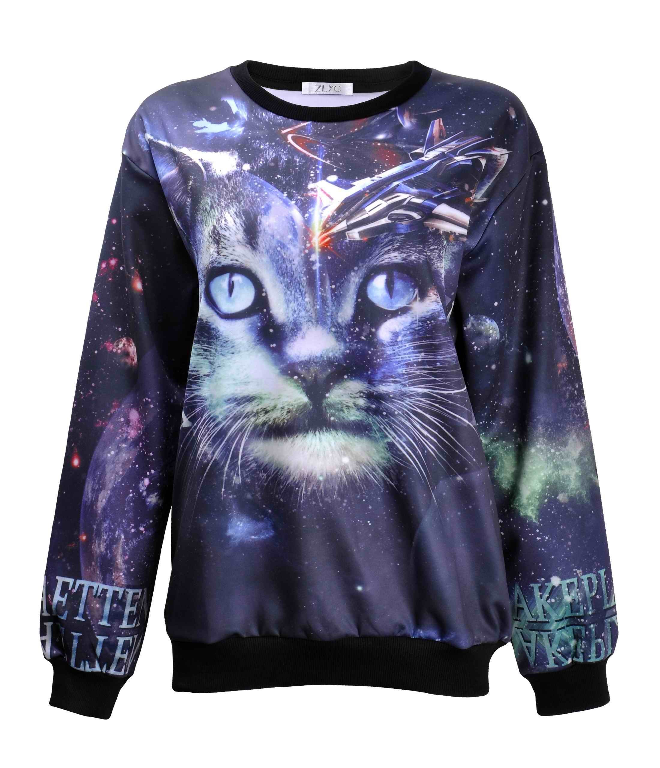 ZLYC Women Cute Cat Animal Print Pullover Novelty Crew Neck Long Sleeve Sweatshirt, Galaxy, M