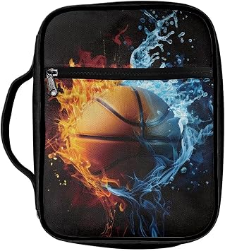 Biyejit Bible Cover, Carrying Book Case Book Cover Church Bag with Handle and Zippered Pocket, Bible Protective Case for Men Women, Fire Water Basketball