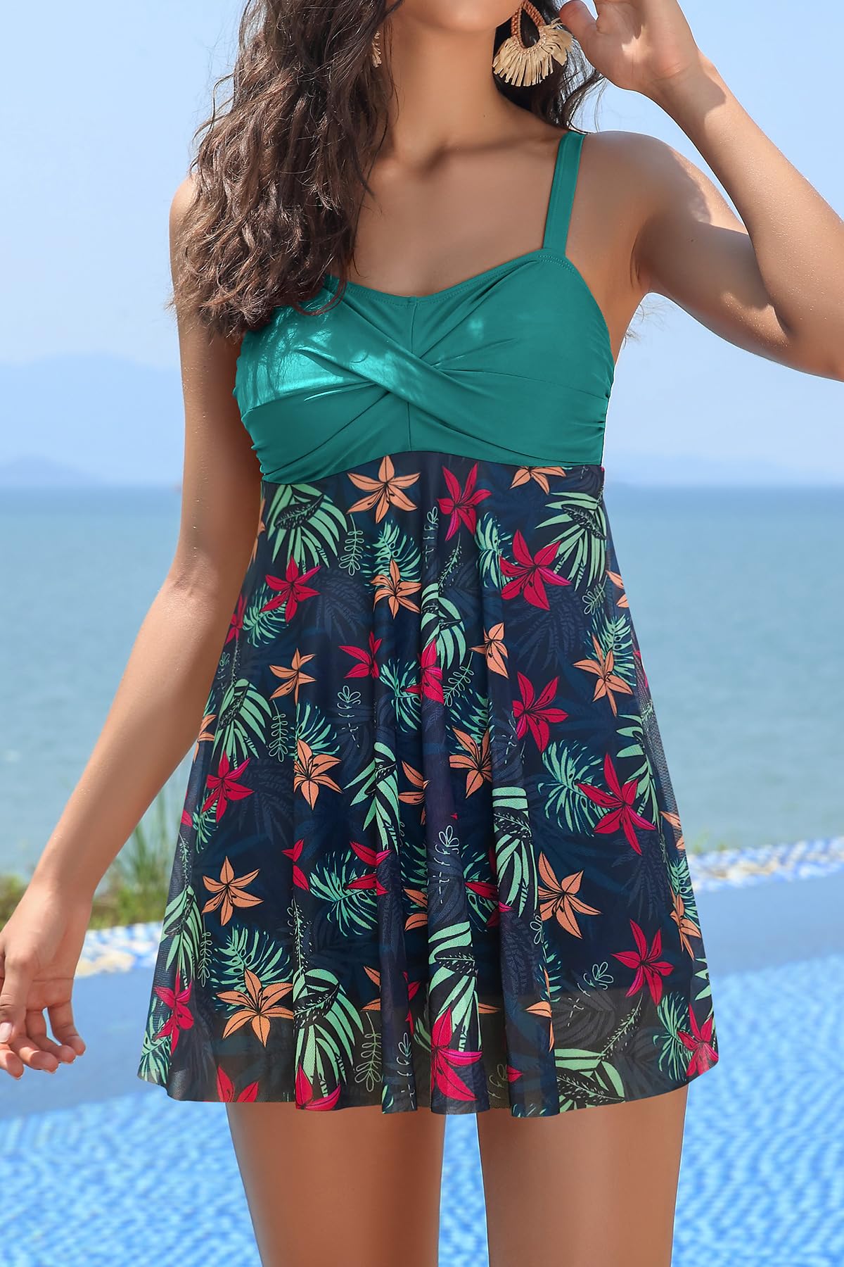 SHEKINI Traje de Baño de Una Pieza para Mujer Elegante Ruched Control Abdomen Tankini Ajustable Bikini de Baño Una Pieza Falda con Shorts de Seguridad