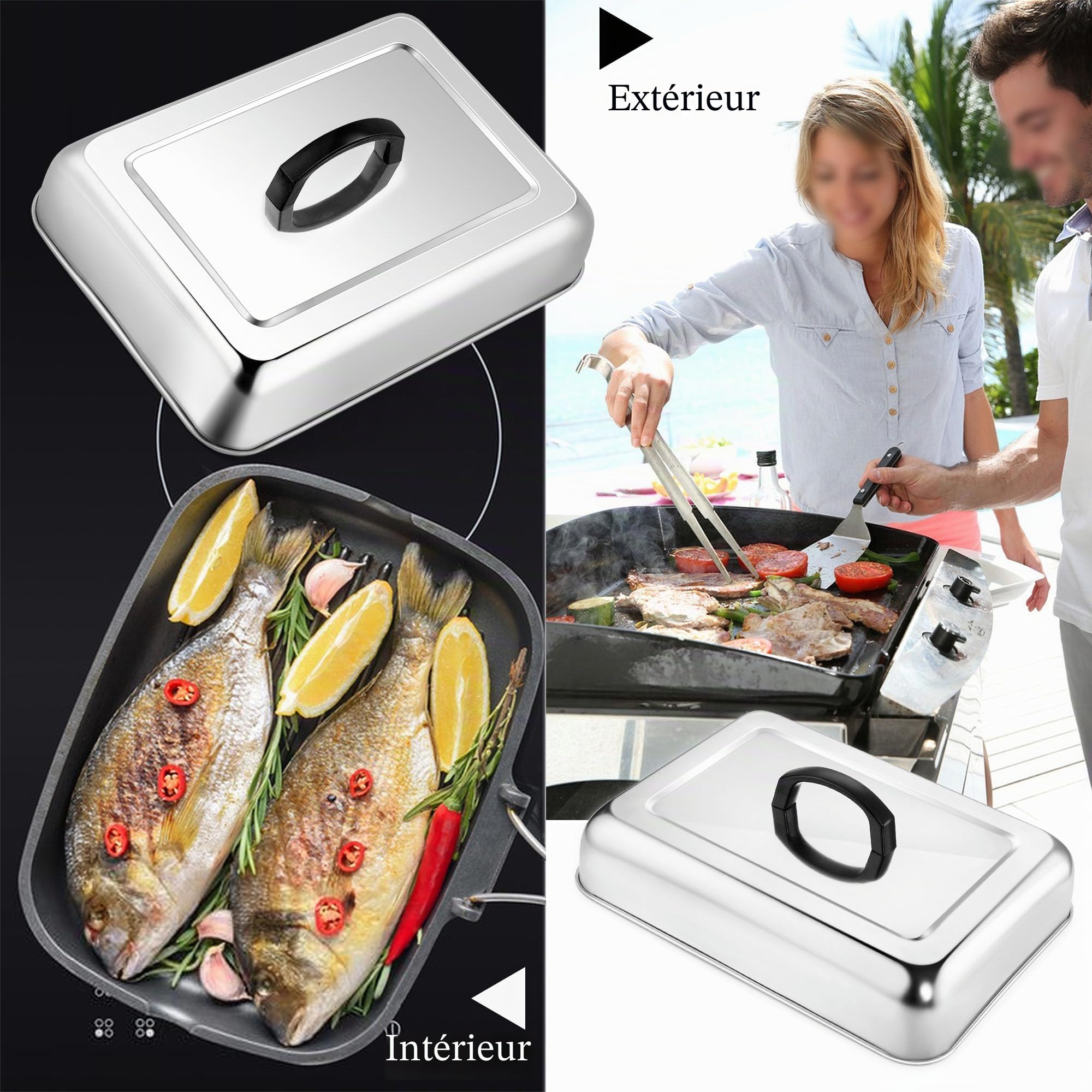 Joyfair Lot de 2 couvercles rectangulaires en acier inoxydable pour badigeonner la vapeur avec poignée résistante à la chaleur, couvercle à hamburger pour barbecue Teppanyaki à dessus plat, cuisson