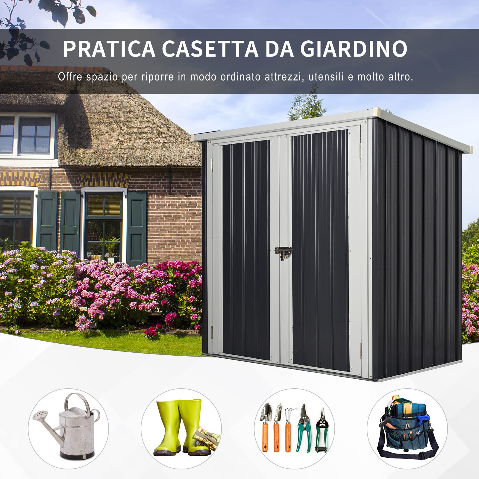 Outsunny Casetta da Giardino in Lamiera di Acciaio, Capanno a Doppia Porta con Sistema di Blocco, 147x86x134cm, Nero e Bianco