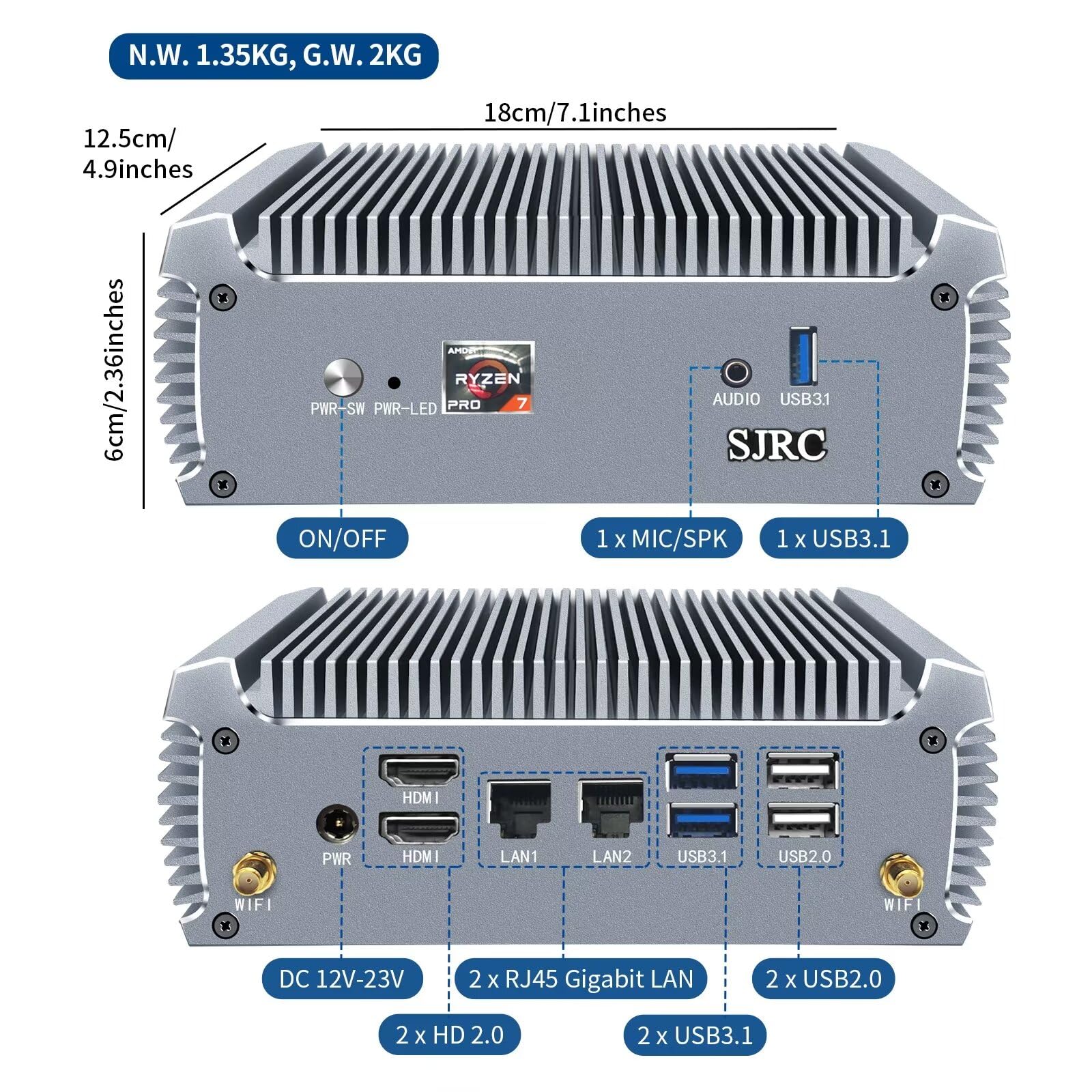 SJRC Mini PC Fanless AMD Ryzen R7 7730U 8 Cores 16 Threads, Oficina Pequeña Industrial Ordenador De Sobremesa, WiFi6 BT5.2, 4K Dual Display, Barebone, NO RAM NO Storage NO System
