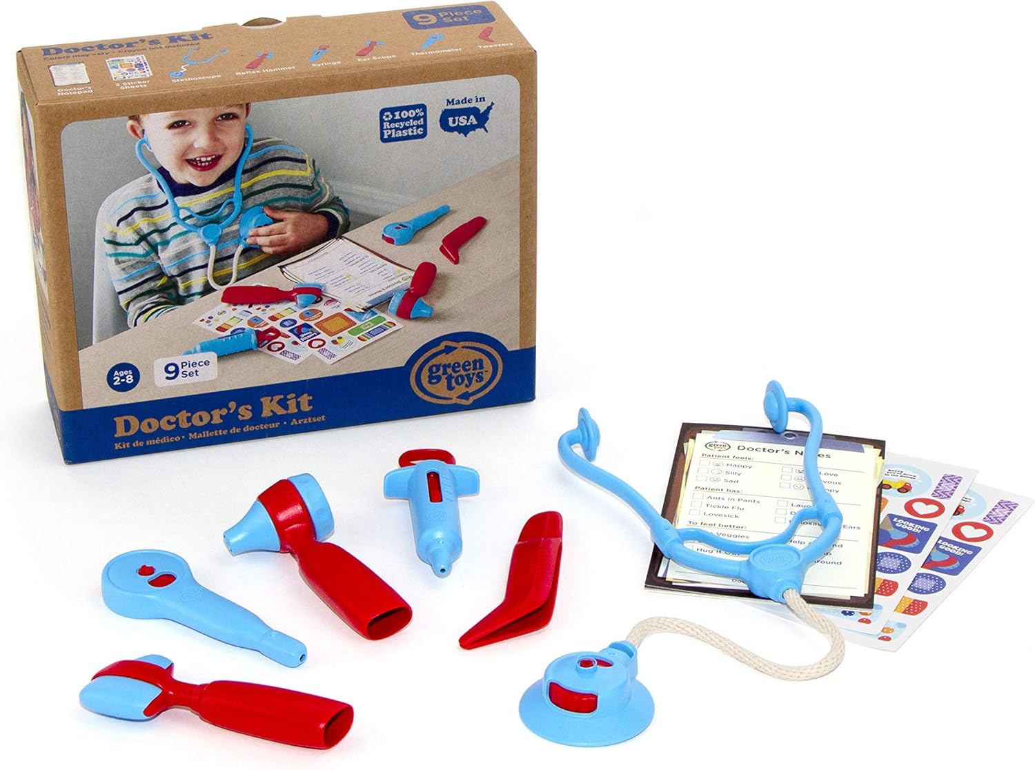 Green Toys Doctor's Kit, Red/Blue - 9 Piece Pretend Play, Motor Skills, Language & Communication Kids Role Play Toy. No BPA, phthalates, PVC. Dishwasher Safe, Recycled Plastic, Made in USA.