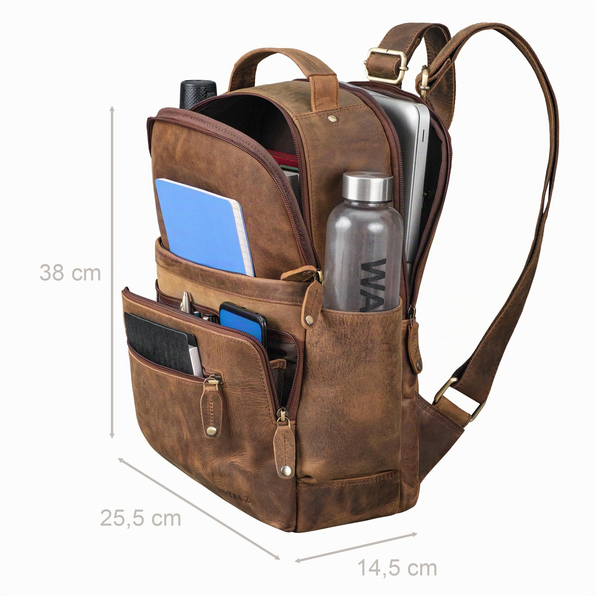 ROYALZ mochila de cuero para hombres 14 pulgadas portátil 'New Orleans' mochila de cuero genuino damas de tamaño mediano de negocios escuela universidad ocio, Color:Nevada Marrón