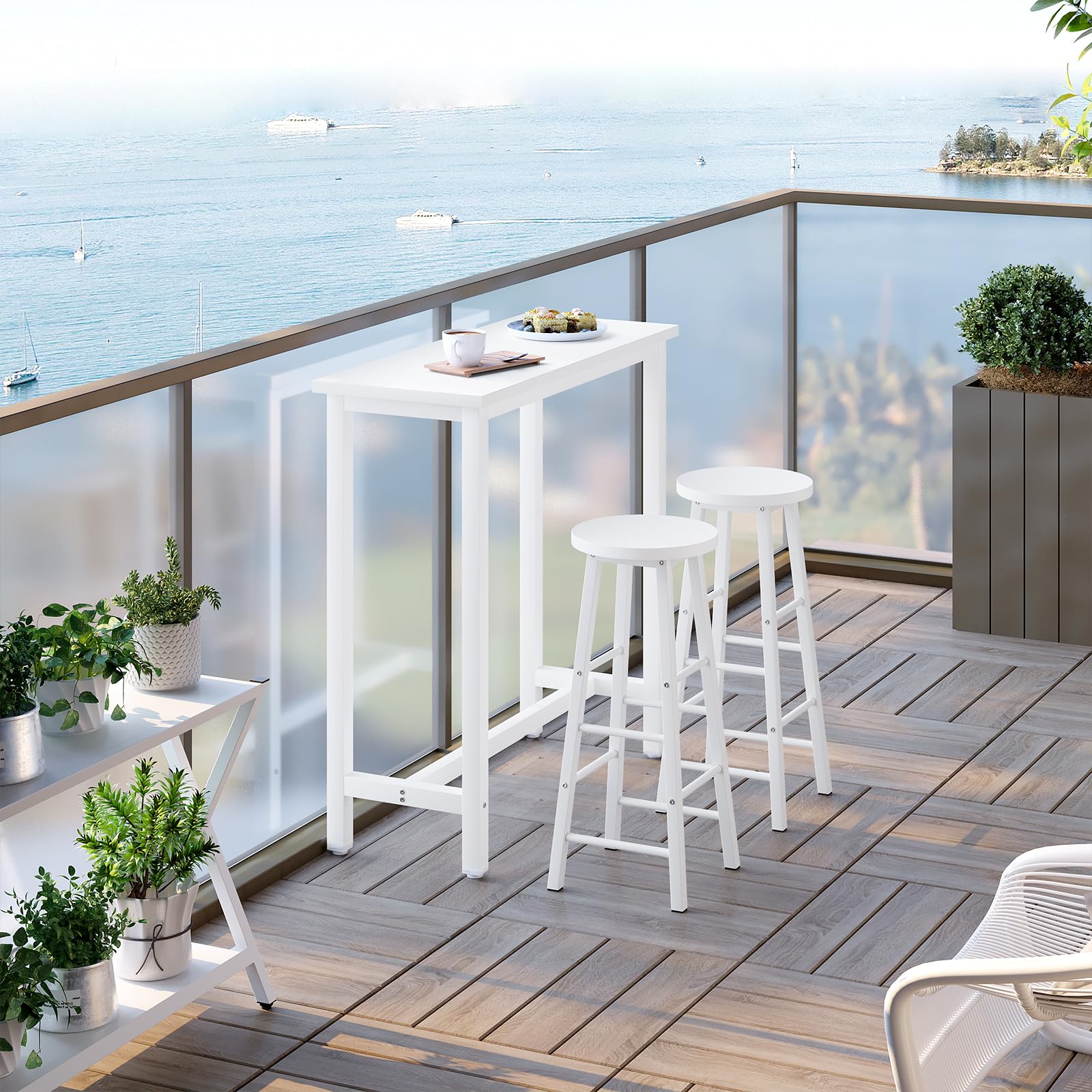 WOLTU Table Bar avec 2 Tabourets Ronds Hauts, Ensemble Table et Tabourets Industriels, pour Bar, Salle à Manger, Îlot de Cuisine, avec Structure en Métal, Blanc