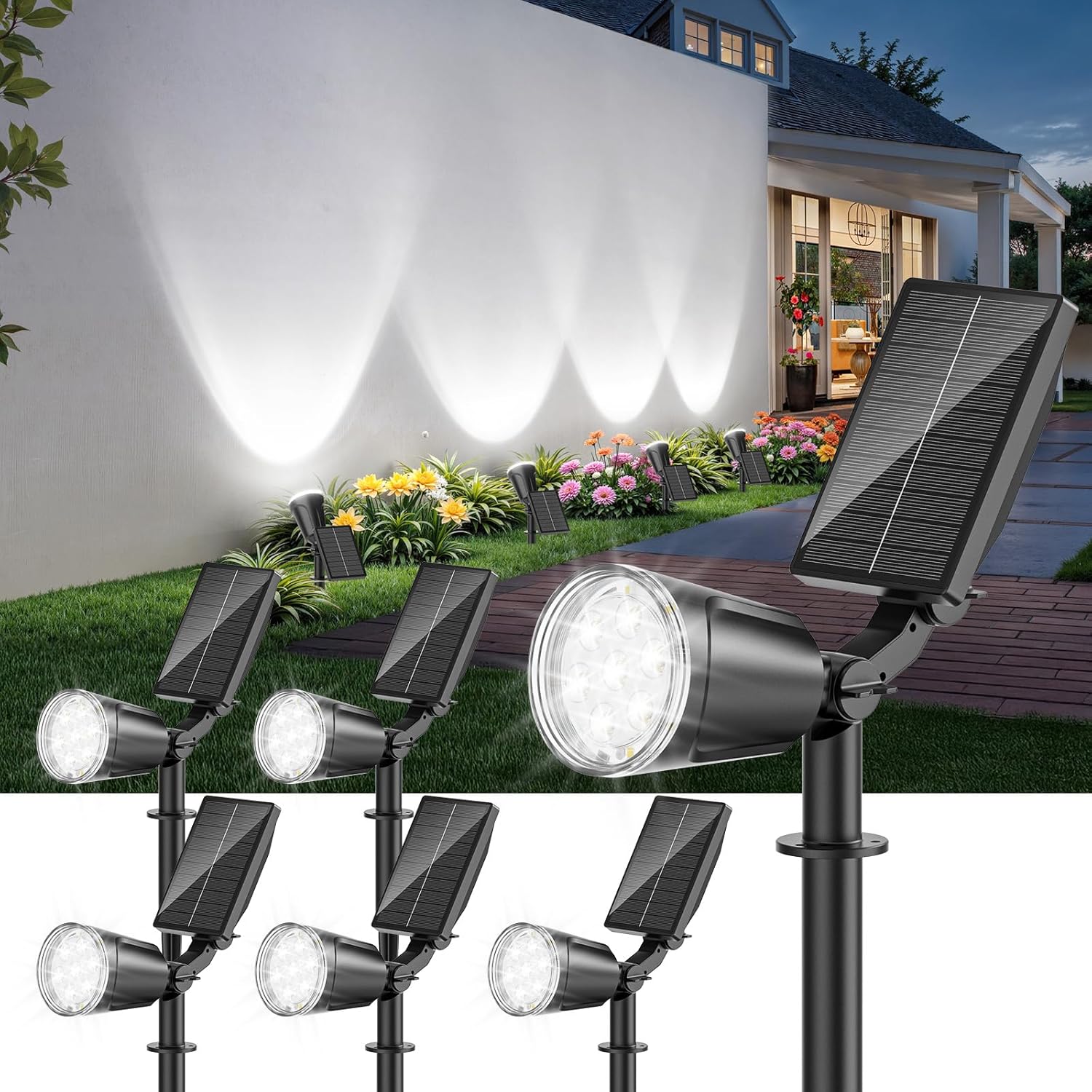 6 Pack Bright Solar Spot Lights Outdoor Cool White, 1000LM Adjustable Solar Lights Outdoor Waterproof, 2-in-1 Solar Powered Spotlights Landscape Lighting for Garden, Yard, Pathway, Tree, Flag