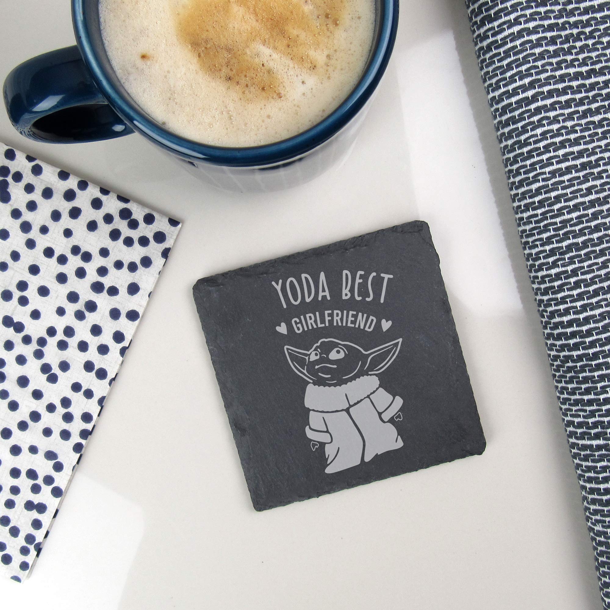 eBuyGB Personalised Square Slate Coaster, Engraved Baby Yoda Coaster, Star Wars Themed Drinks Mat, Funny Gifts for Partner (Yoda Best Girlfriend)
