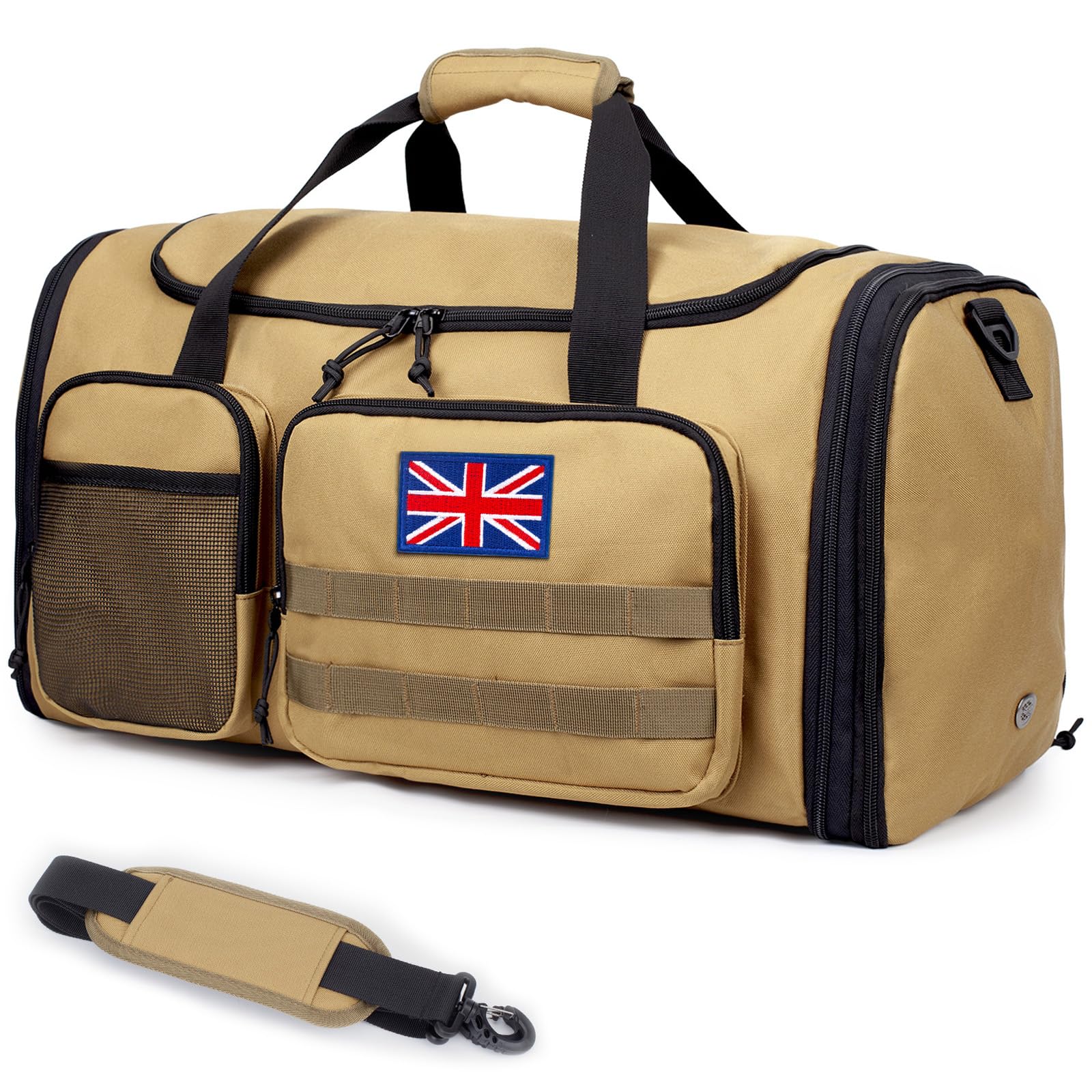 Tactical Duffle Bag for Men, 52L Large Expandable Gym Holdall with Wet Pocket, Multi-Functional Carry On Weekend Overnight Bag for Travel