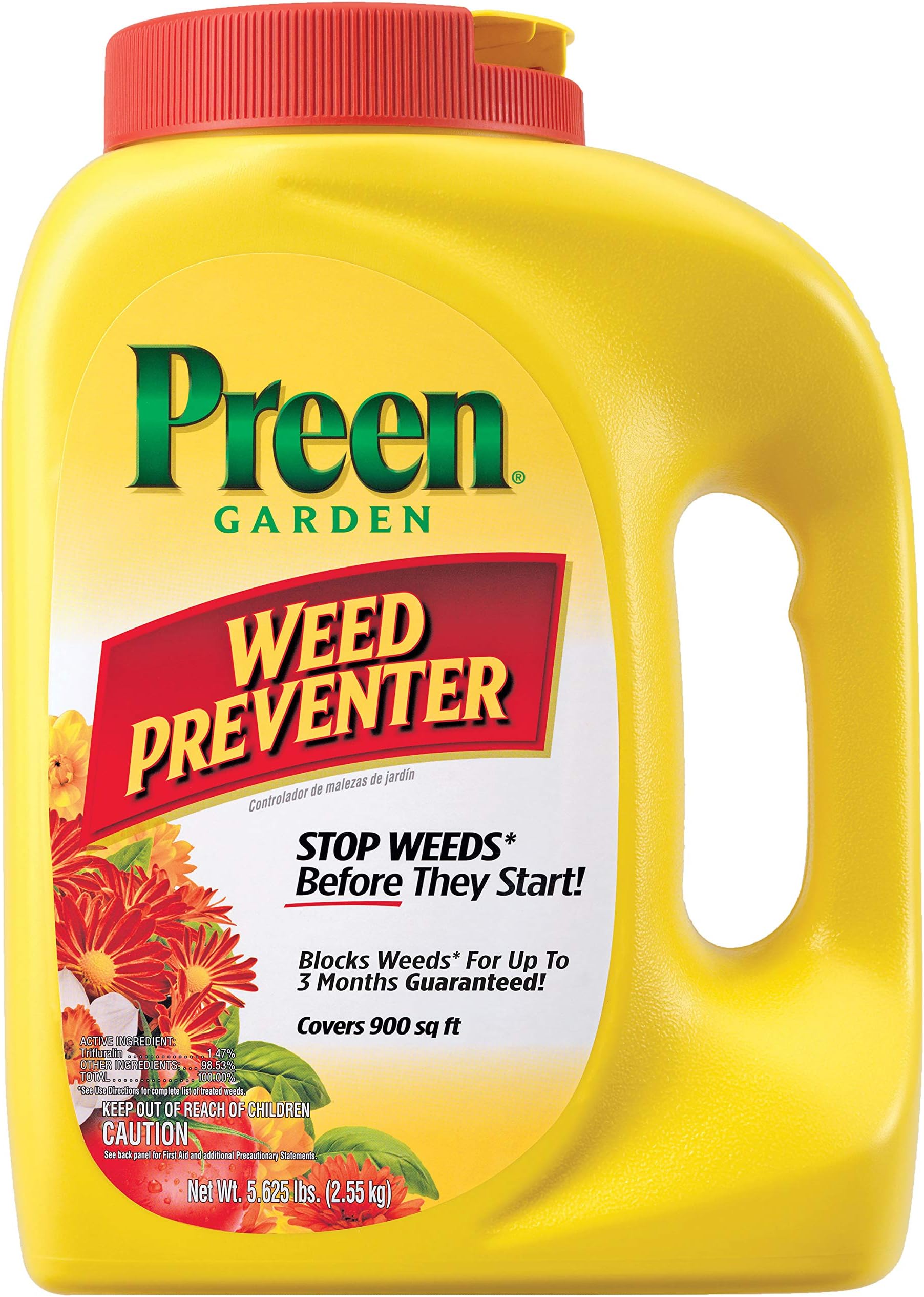 Garden Weed Preventer 5.625 lb. Bottle - Pre Emergent Weed Control for Flower and Vegetable Gardens - Covers 900 sq. ft. - Prevents weeds up to 3 months - Safe for use around 200 plants