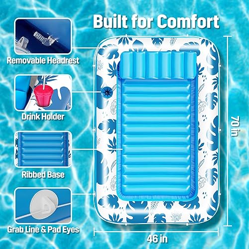 Miniatura 2 de Inflatable Tanning Pool Floats for Adults, 70" x 46" Large Rectangle Pool Lounger Float, Summer Beach Blow Up Lake Suntan Swimming Pool Rafts Blue