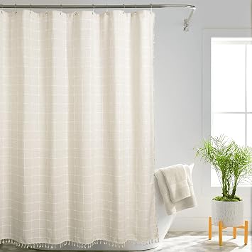 Boho Farmhouse Shower Curtain for Bathroom with Metal Hooks Thick Linen Fabric Shower Curtain with Tassels Heavy Duty Vintage Bath Curtain for Wet Room Bathtub Shower Stall - 72 x 72 Inches Cream