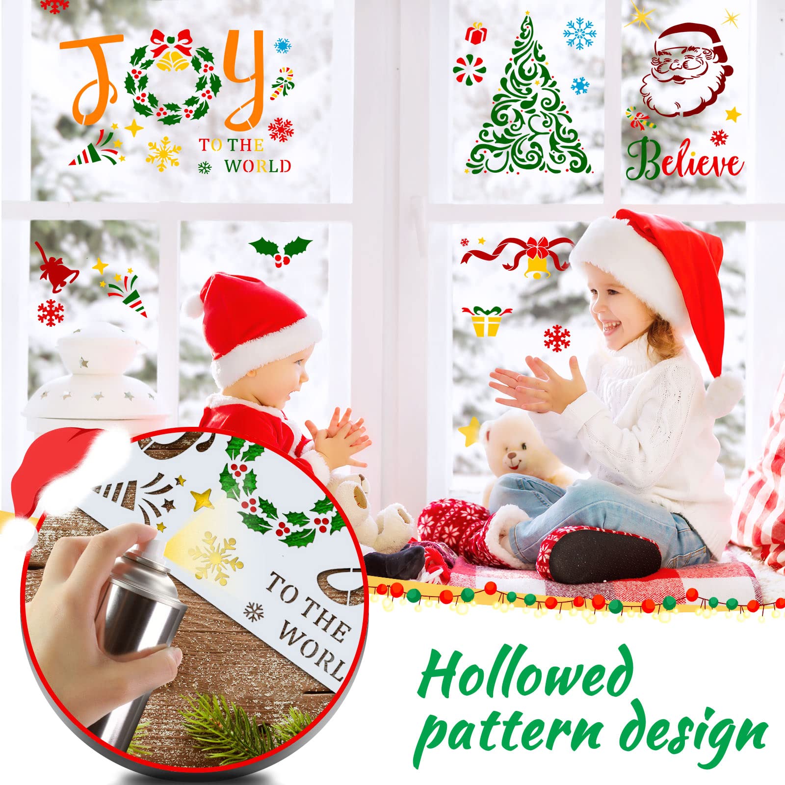 Stencil Natalizi Grandi Per Finestre - 7 Pezzi Riutilizzabili In Plastica, 30x20 Cm, Motivi Babbo Natale, Albero, Fiocchi Di Neve, Ideali Per Decorare Vetri