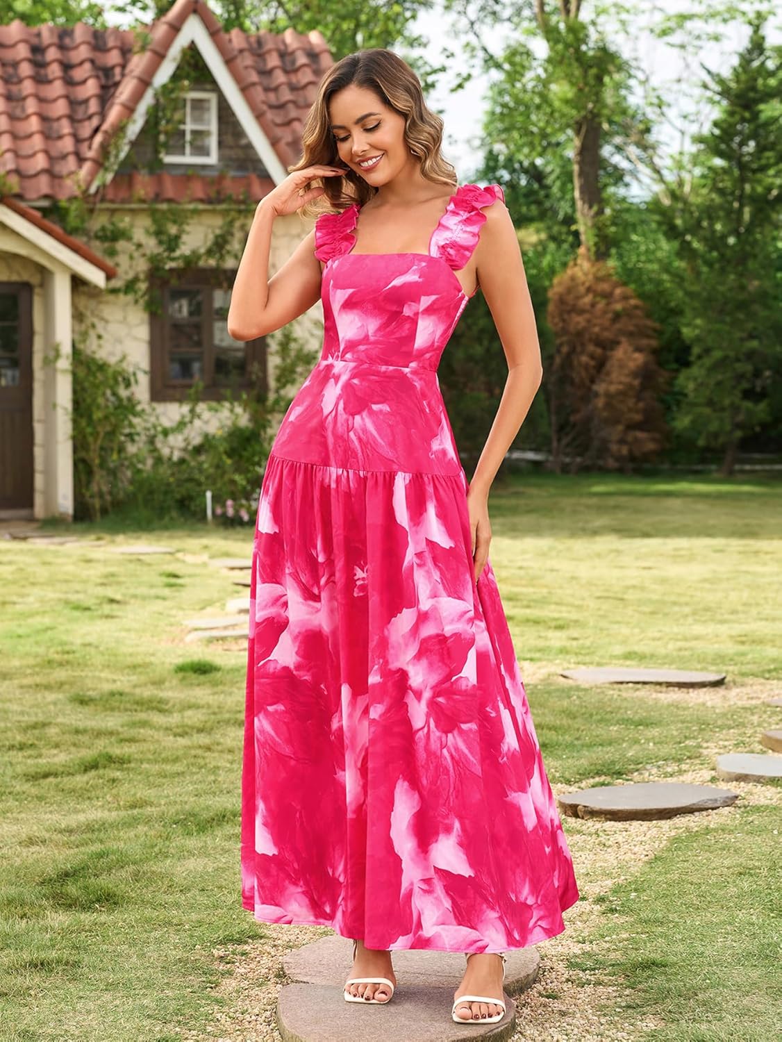 HTZMO Women Summer Floral Maxi Dresses 2026 Casual Ruffle A Line Flowy Wedding Guest Boho Beach Vacation Long Sundress - Image 4