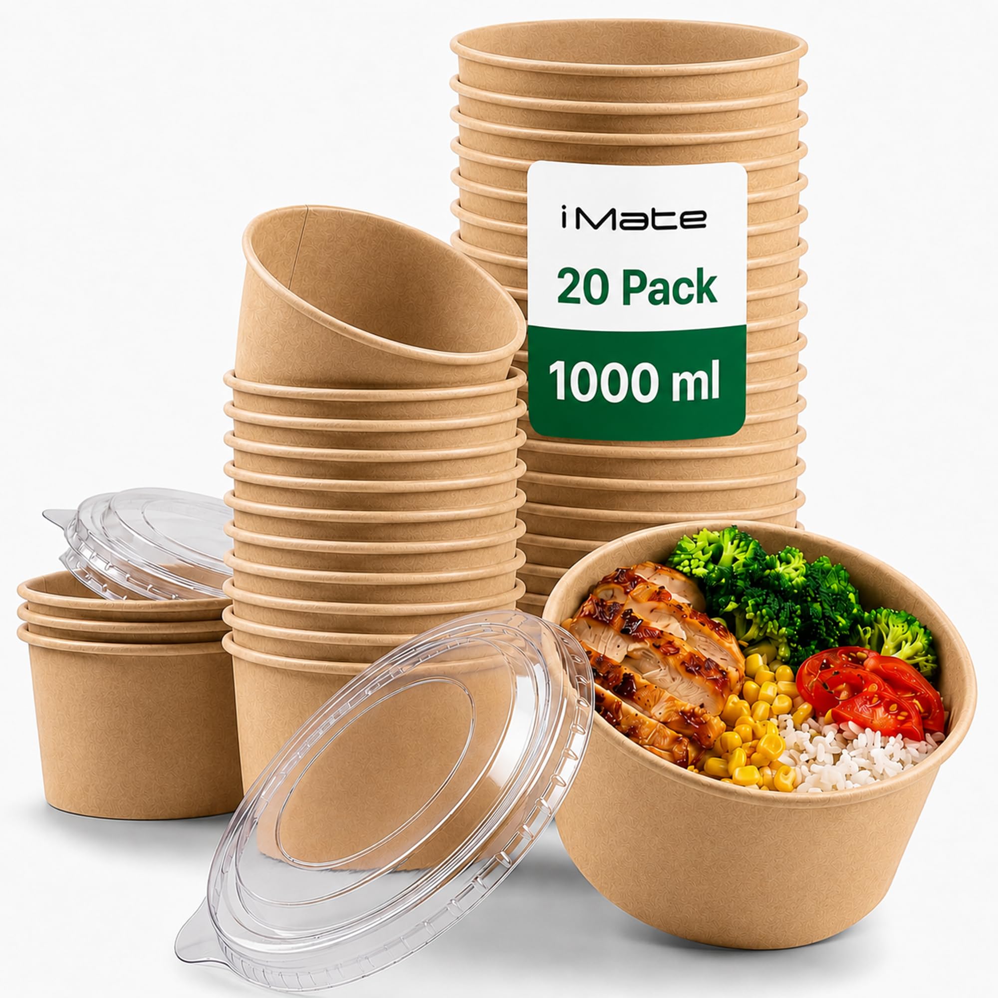 Imate Brown 1000Ml Kraft Paper Bowls With Lids, Leak Resistant Takeaway, 20 Pack