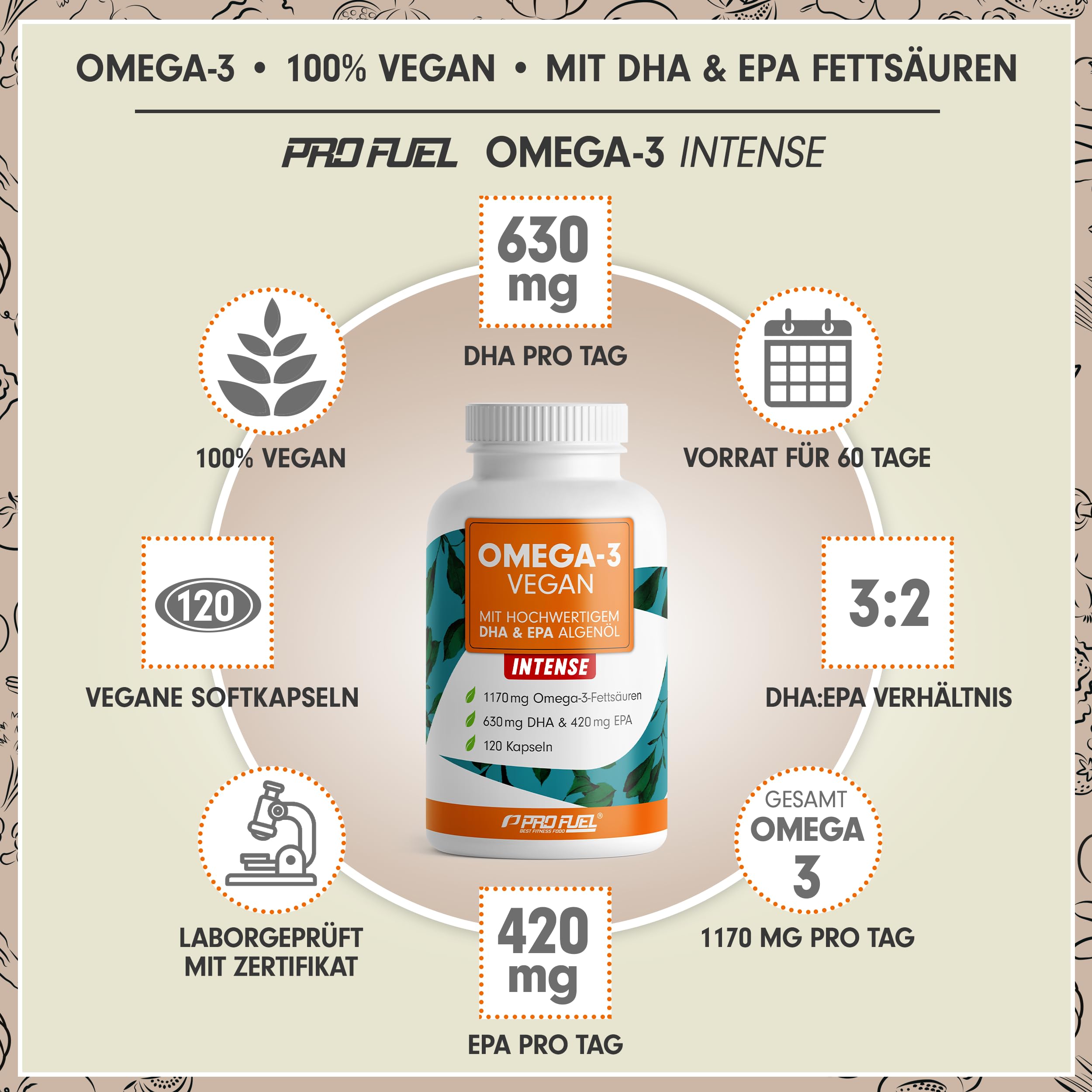Omega-3 vegan INTENSE - 120 Kapseln - 2000 mg Algenöl pro Tag - hochdosiert mit 630mg DHA + 420 mg EPA - vegane Omega-3 Algenöl Kapseln - DHA:EPA Verhältnis 3:2 - laborgeprüft mit Analyse-Zertifikat