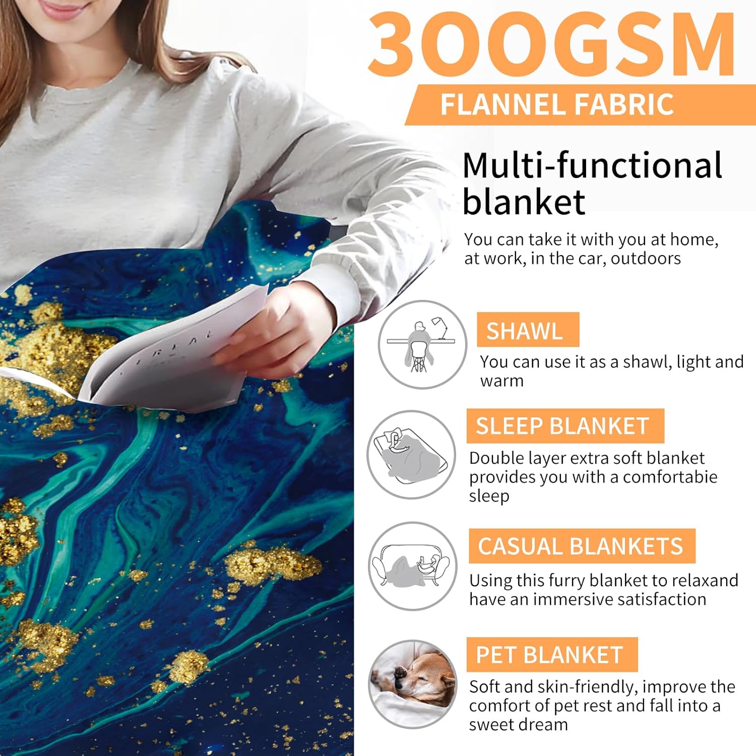 Throw Blanket for Couch, 300GSM Warm Soft Cozy Flannel Blanket, Cute Blanket for All Seasons Bedroom Home Decor Gifts, Blue Luxury Marble 50x60 Inches - Image 5