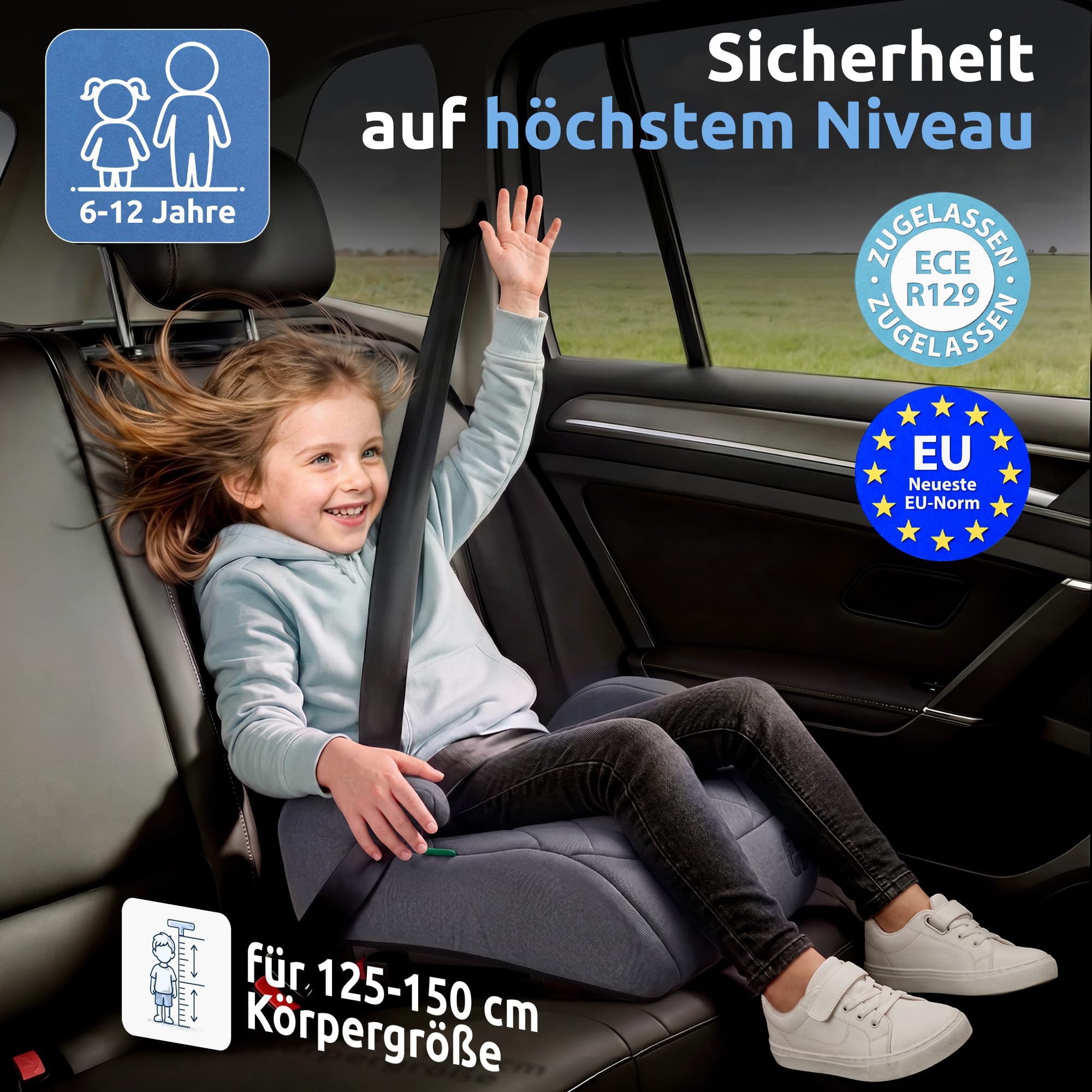 Mallie® Premium Kindersitzerhöhung Isofix mit 2 cm Memory Foam | Sitzerhöhung Auto Kinder 15-36 kg, ECE R129 | Kindersitz Isofix ab 6 Jahre, 125-150 cm (Grau)